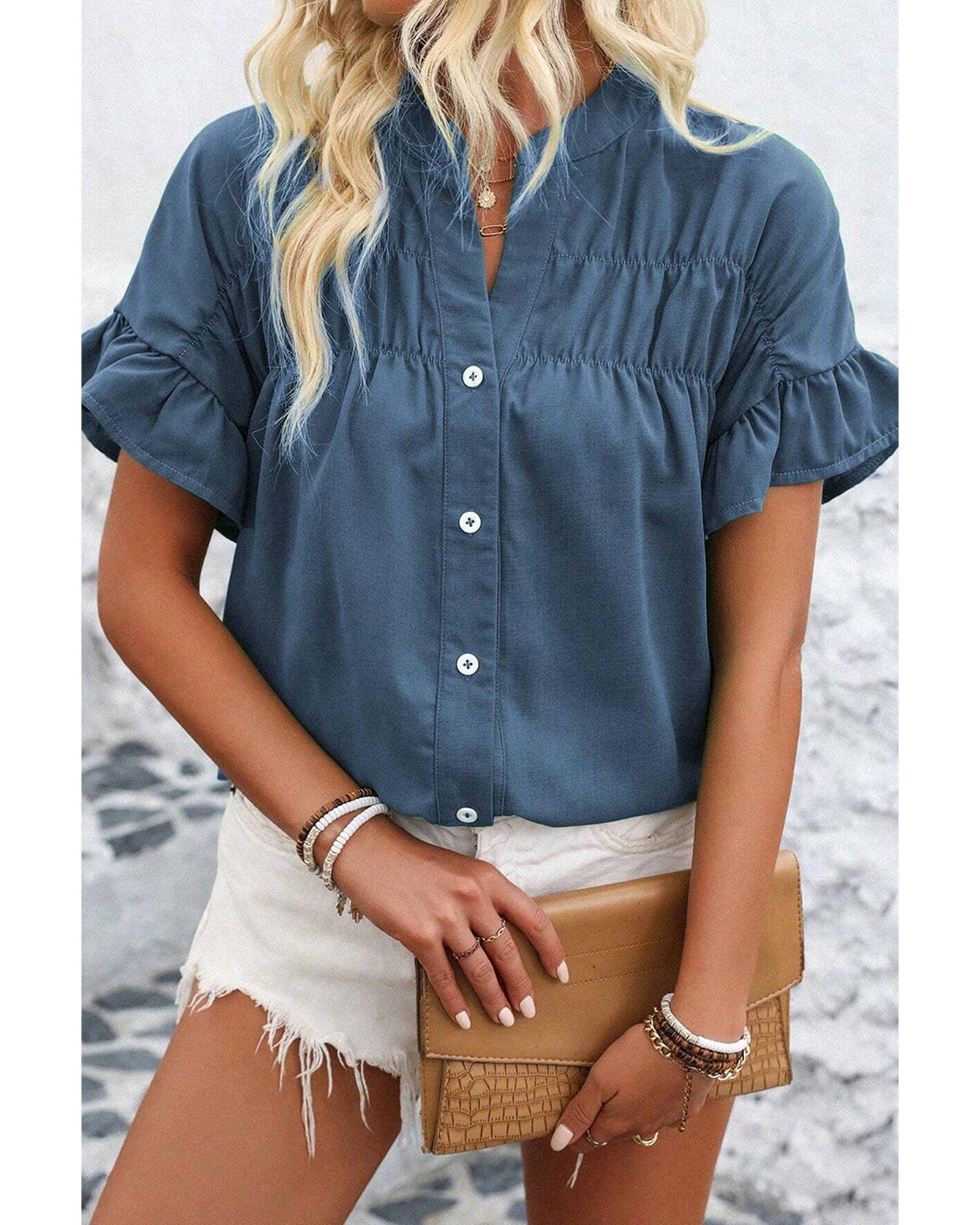 V539-AZEXDC2555981-P705-L-202508292125-00 Real Teal Solid Color Ruffle Ruched Short Sleeve Buttoned Shirt - L - Image 1