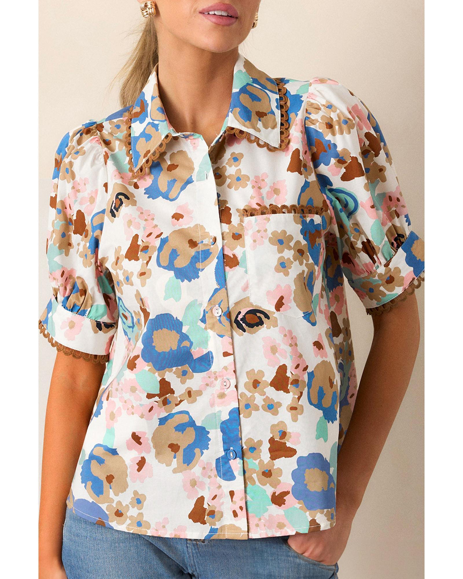 V539-AZEXDC2556034-P22-XL-202508291835-00 Multicolour Floral Print Ricrac Trim Collared Puff Short Sleeve Shirt - XL - Image 1