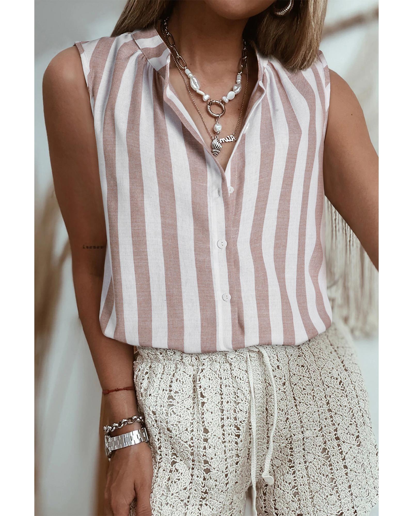 V539-AZEXDC2556185-P1619-XL-202508291800-00 Khaki Stripe Casual Button Down Sleeveless Shirt - XL - Image 1