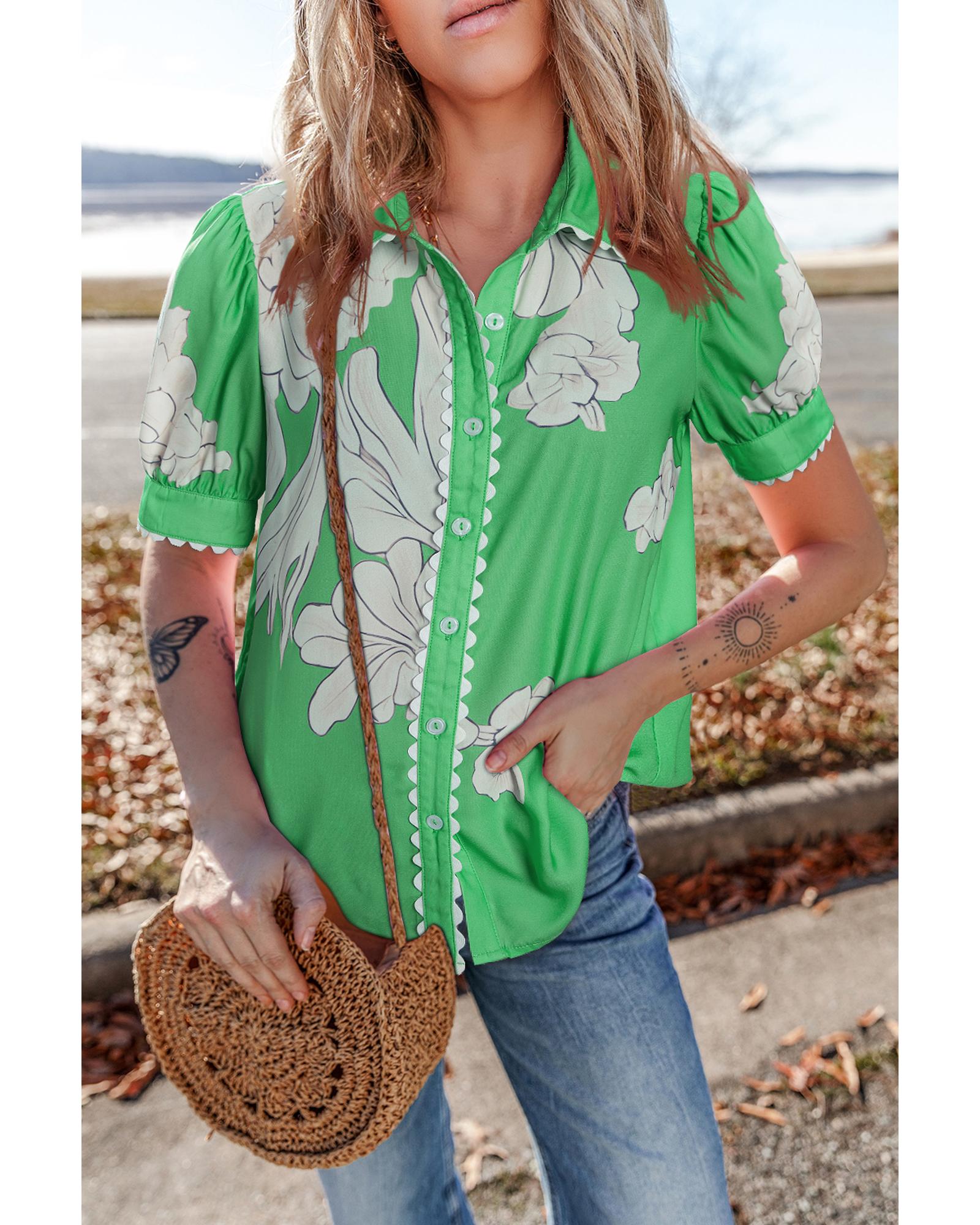 V539-AZEXDC2556264-P10920-M-202508292050-00 Green Floral Ric Rac Edge Puff Sleeve Button Up Summer Shirt - M - Image 1
