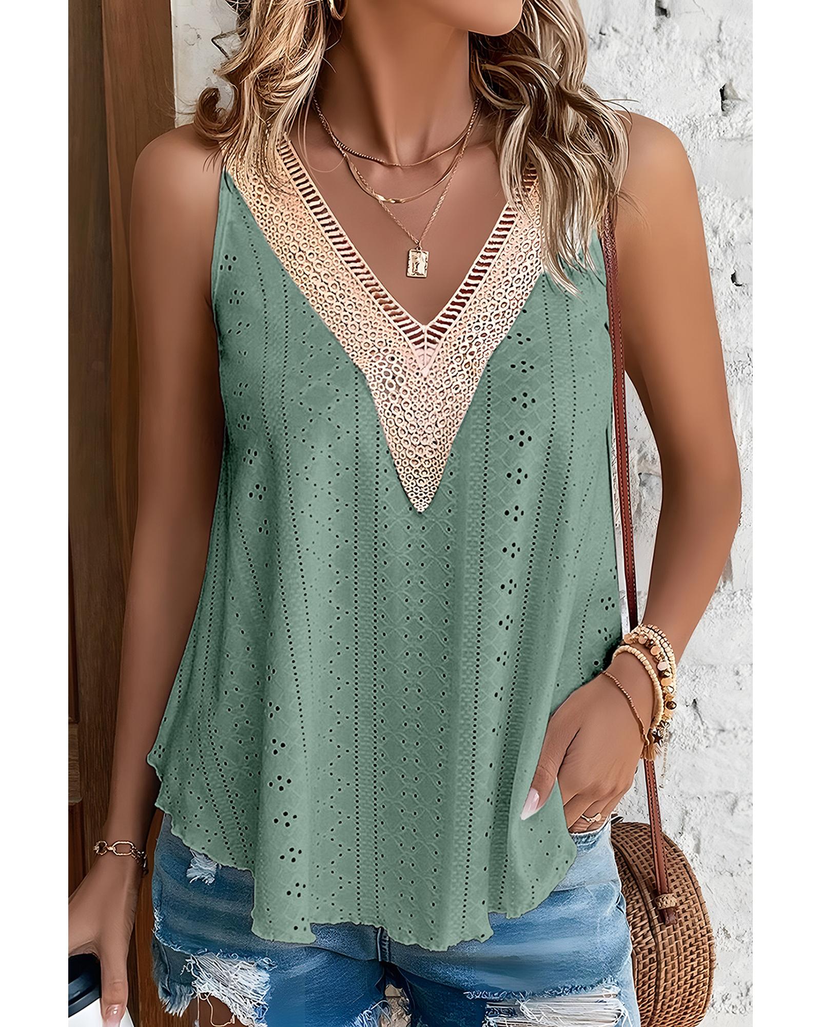 V539-AZEXDC25611345-P509-L-202508291410-00 Mist Green Lace Crochet Splicing V Neck Loose Fit Tank Top - L - Image 1