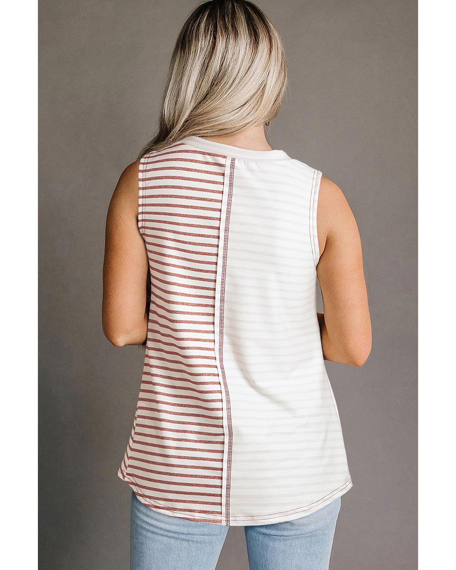 V539-AZEXDC25611612-P1719-L-202508271525-00 Brown Stripe Colorblock Loose Tank Top - L - Image 1