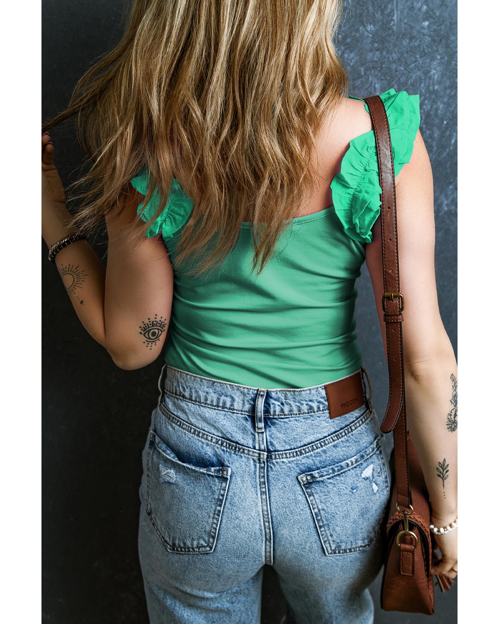 V539-AZEXDC25611683-P1009-XL-202508280355-00 Mint Green Ruffled Wide Straps Slim Tank Top - XL - Image 1