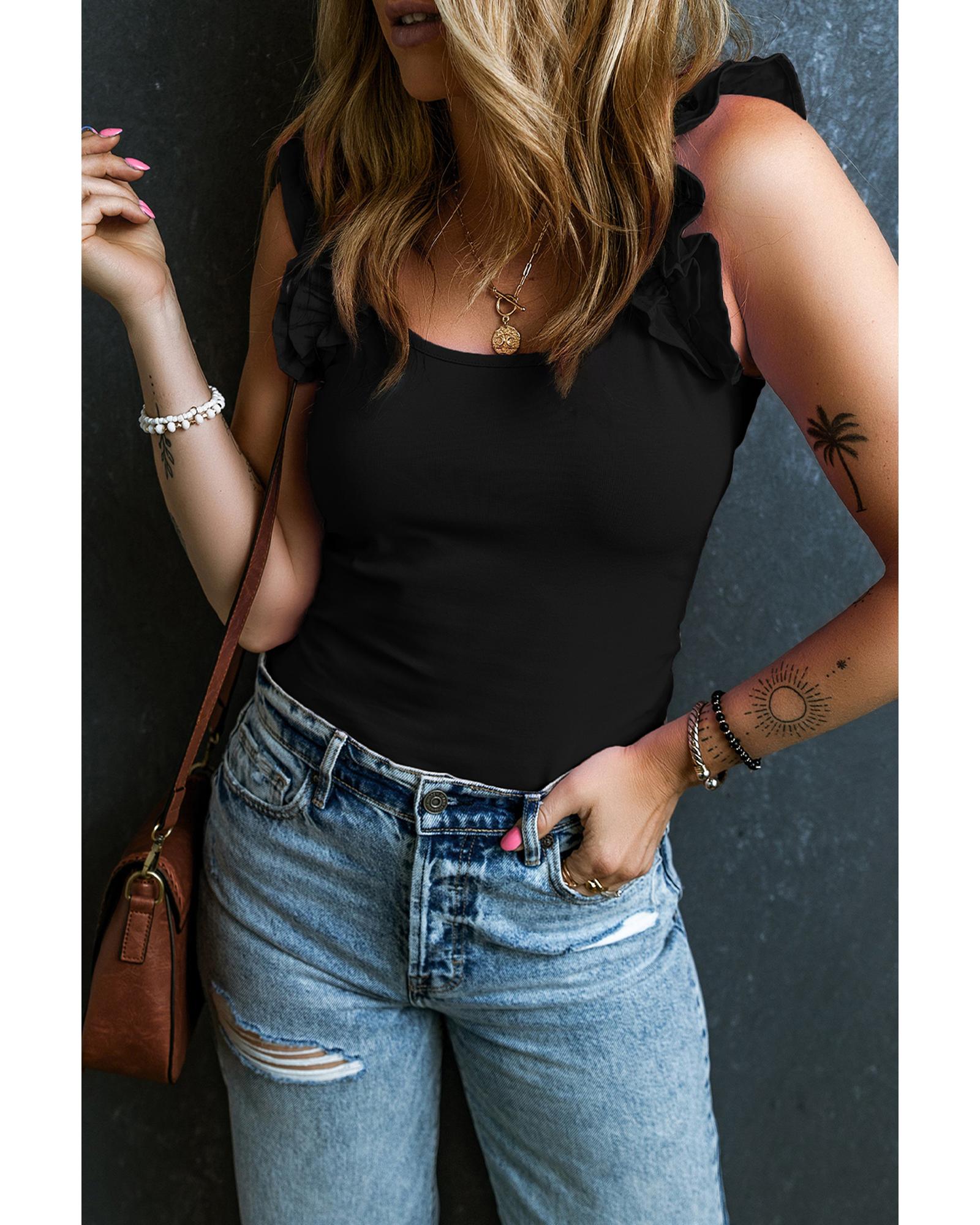 V539-AZEXDC25611683-P2-XL-202508280955-00 Black Ruffled Wide Straps Slim Tank Top - XL - Image 1