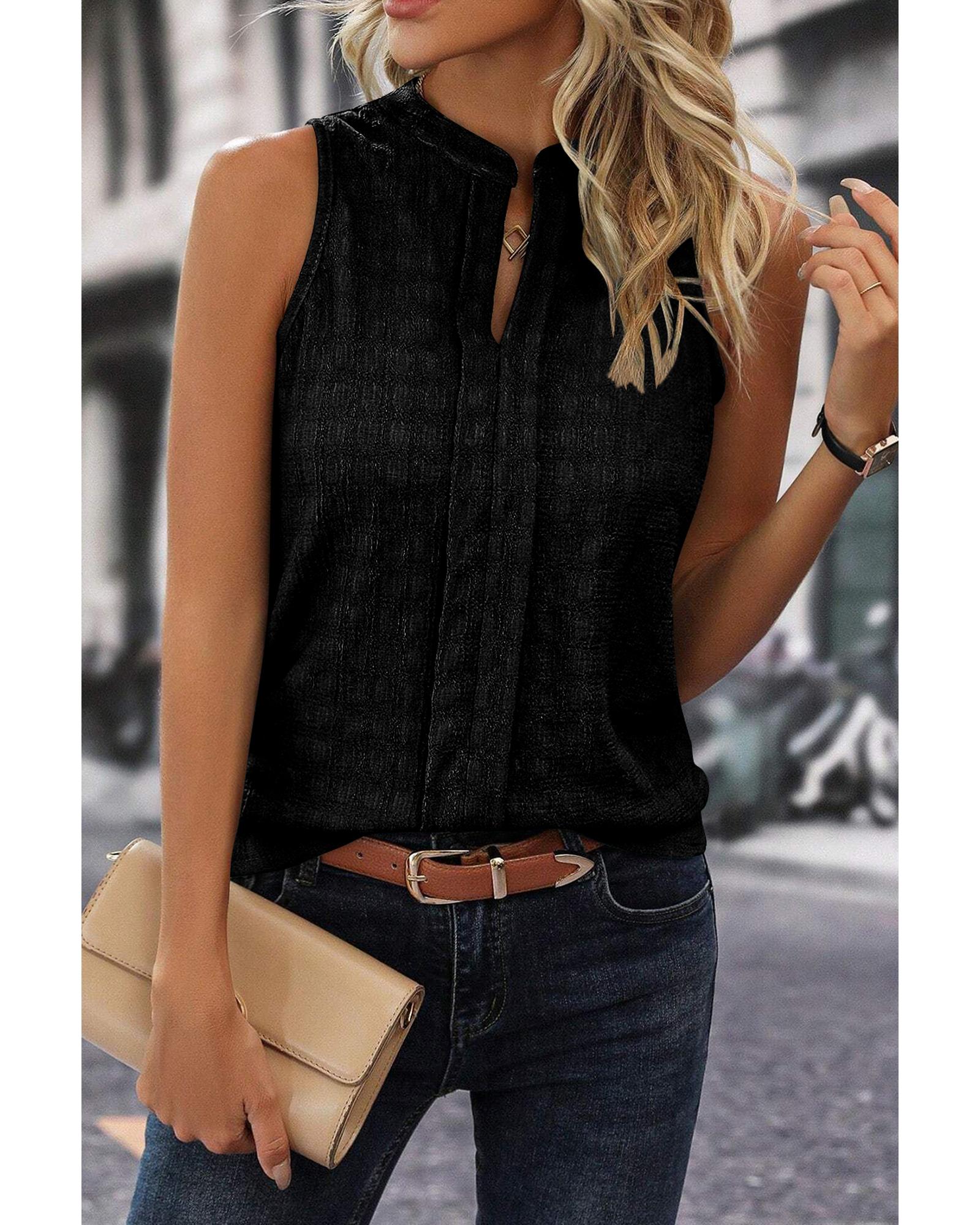 V539-AZEXDC25611705-P2-L-202508291700-00 Black Lattice Textured Split Neck Tank Top - L - Image 1