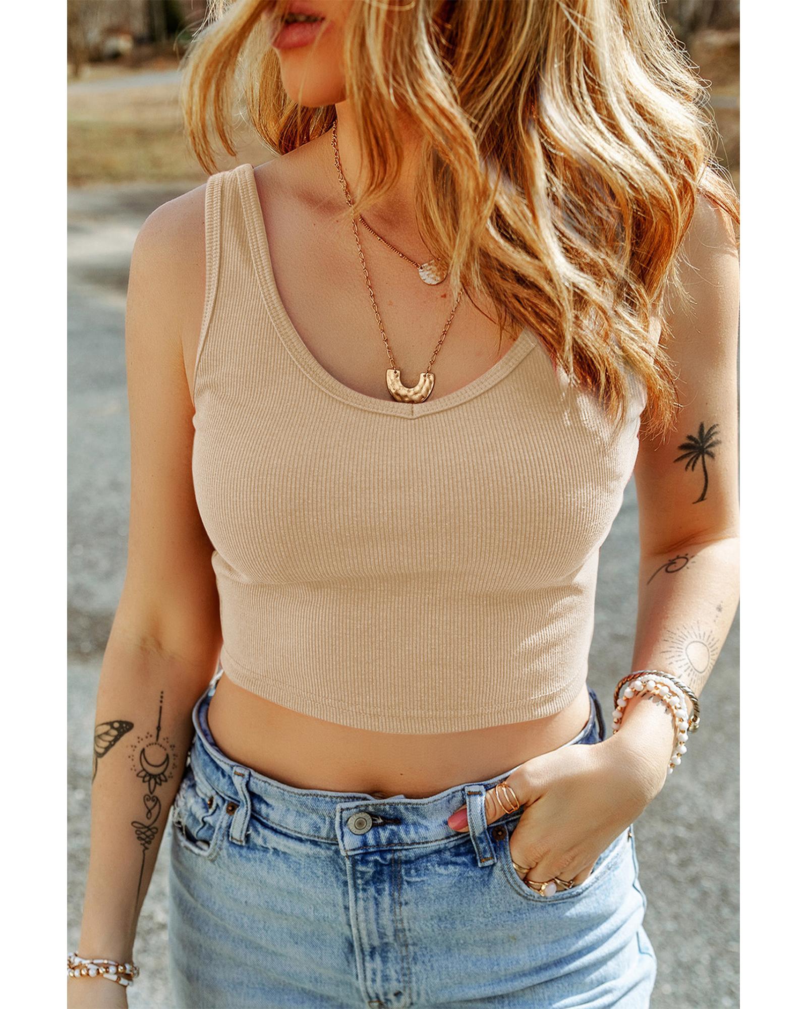 V539-AZEXDC25611742-P18-L-202508300440-00 Apricot Ribbed Knit Sheath Sleeveless Crop Top - L - Image 1