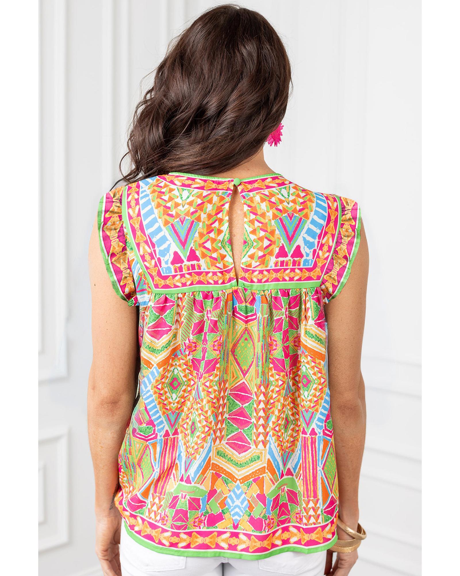V539-AZEXDC25612136-P1422-S-202506131340-00 Orange Geometric Print Ruffled Trim Tank Top - S - Image 1