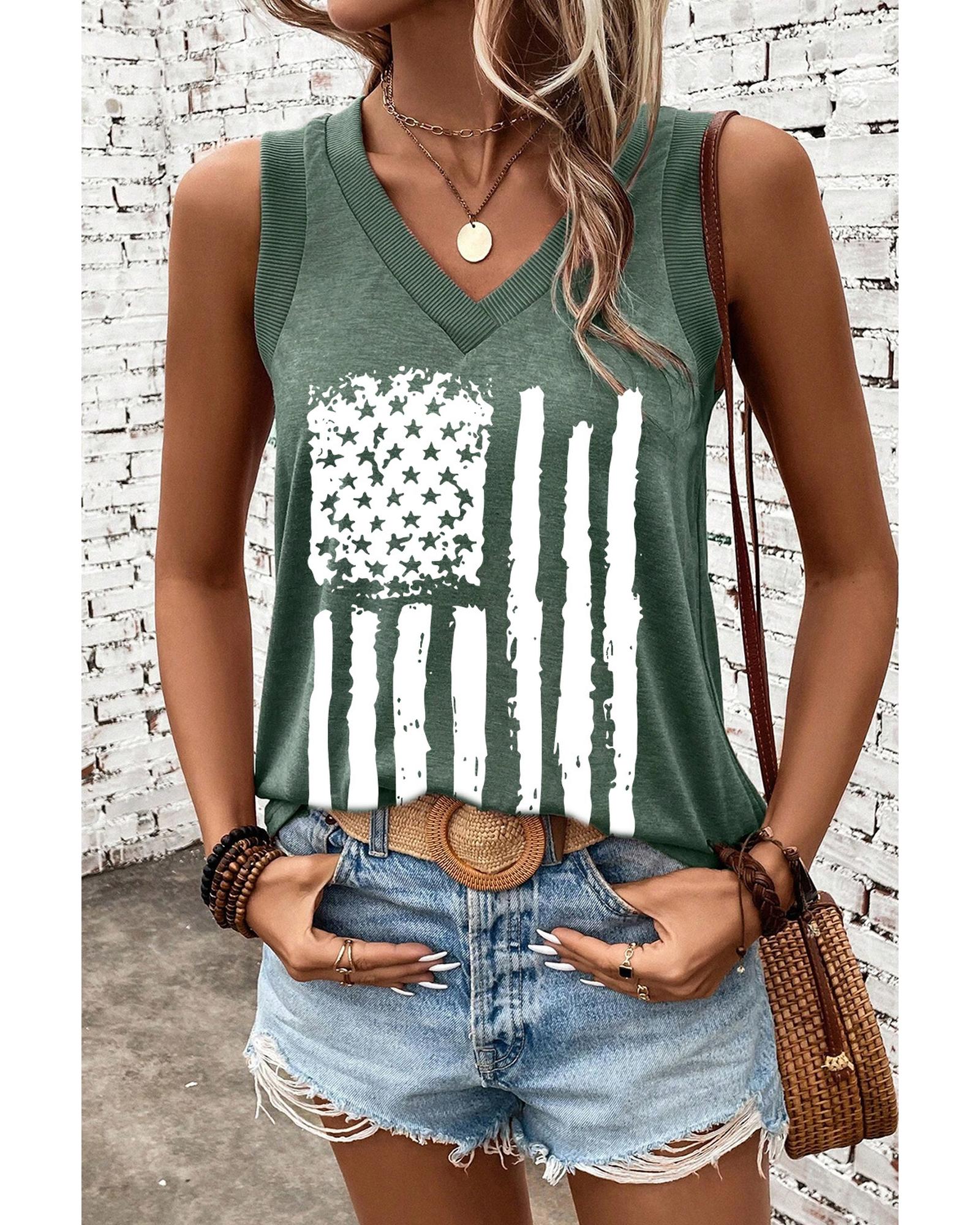 V539-AZEXDC25612384-P509-S-202508282035-00 Mist Green Frayed American Flag Printed V Neck Tank Top - S - Image 1