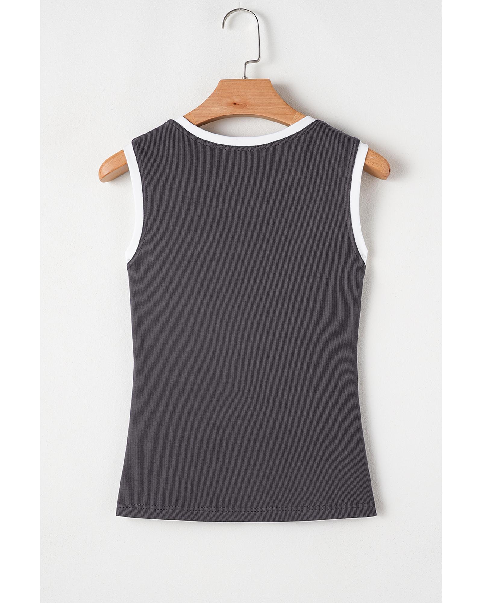 V539-AZEXDC25612465-P4011-L-202508281940-00 Carbon Grey Ribbed Knit Colorblock Edge U Neck Slim Fit Tank Top - L - Image 1