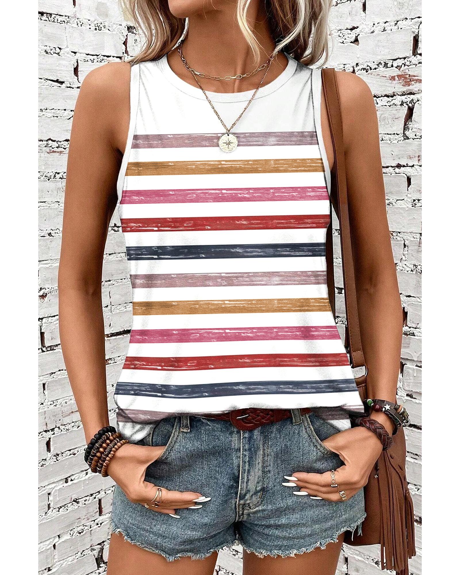 V539-AZEXDC25612478-P319-L-202508282120-00 Red Stripe Rainbow Round Neck Tank Top - L - Image 1