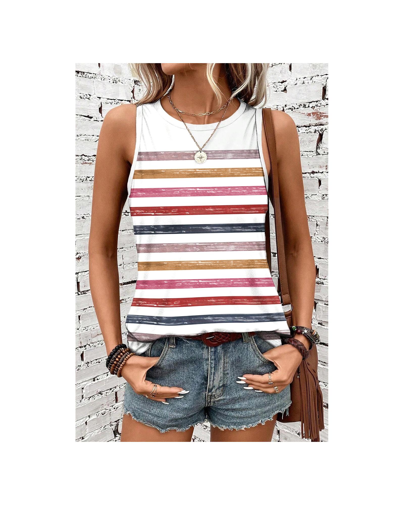 V539-AZEXDC25612478-P319-XL-202508291530-00 Red Stripe Rainbow Round Neck Tank Top - XL - Image 1