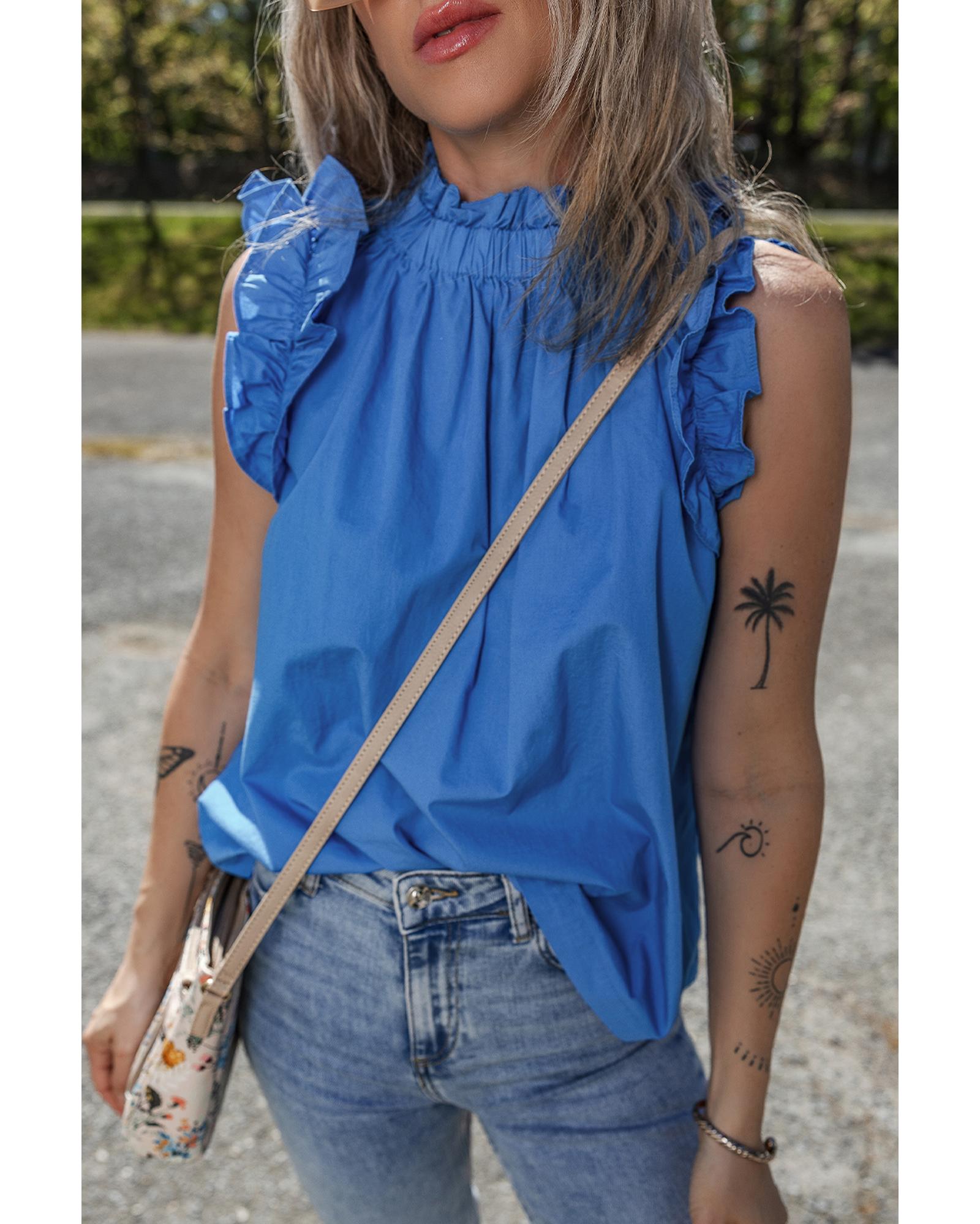 V539-AZEXDC25612488-P205-L-202508292200-00 Sky Blue Frilled Neck Ruffled Armholes Buttoned Back Tank Top - L - Image 1