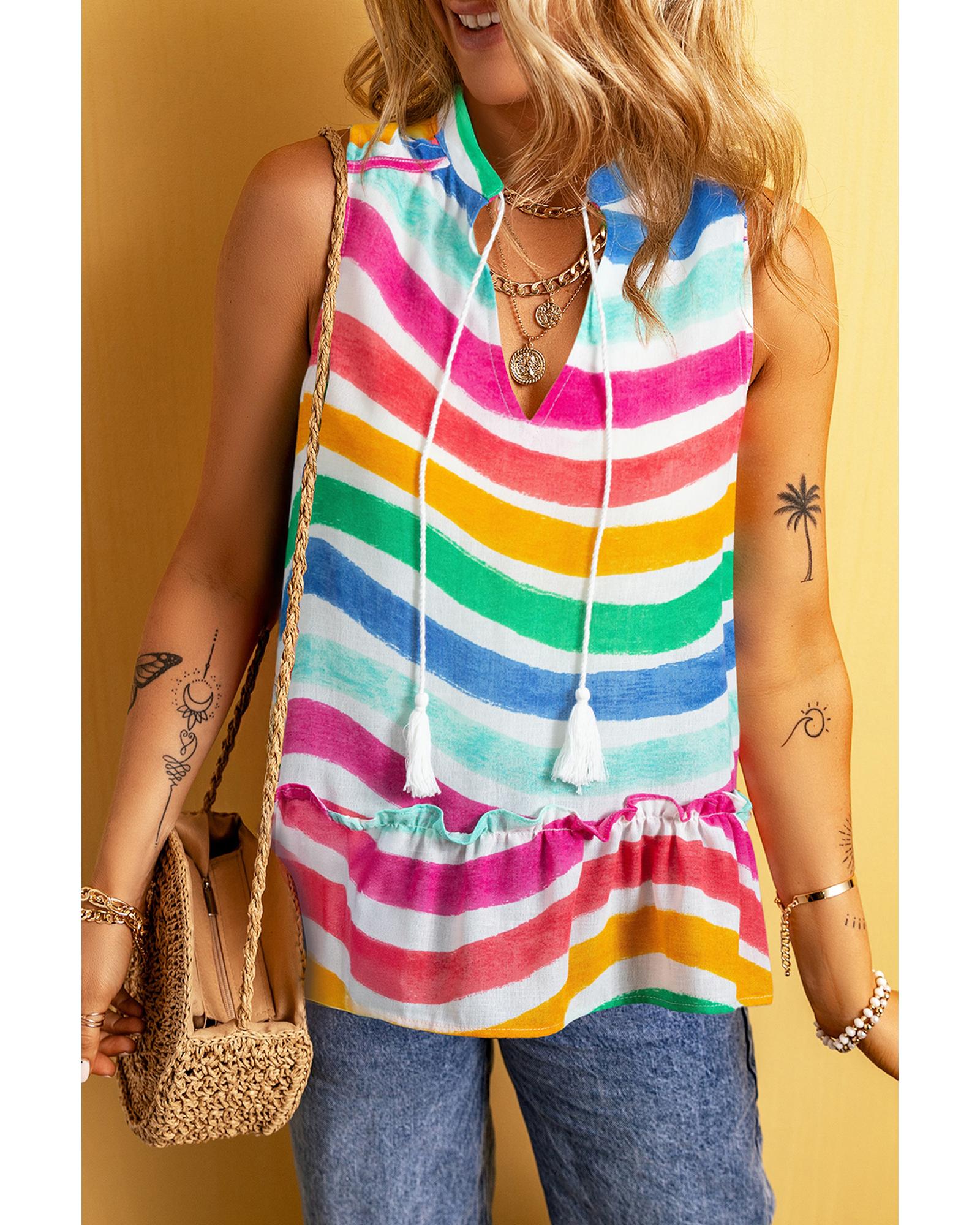 V539-AZEXDC25612501-P622-L-202508292100-00 Rose Red Rainbow Stripes Ruffled Hem Drawstring V Neck Tank Top - L - Image 1