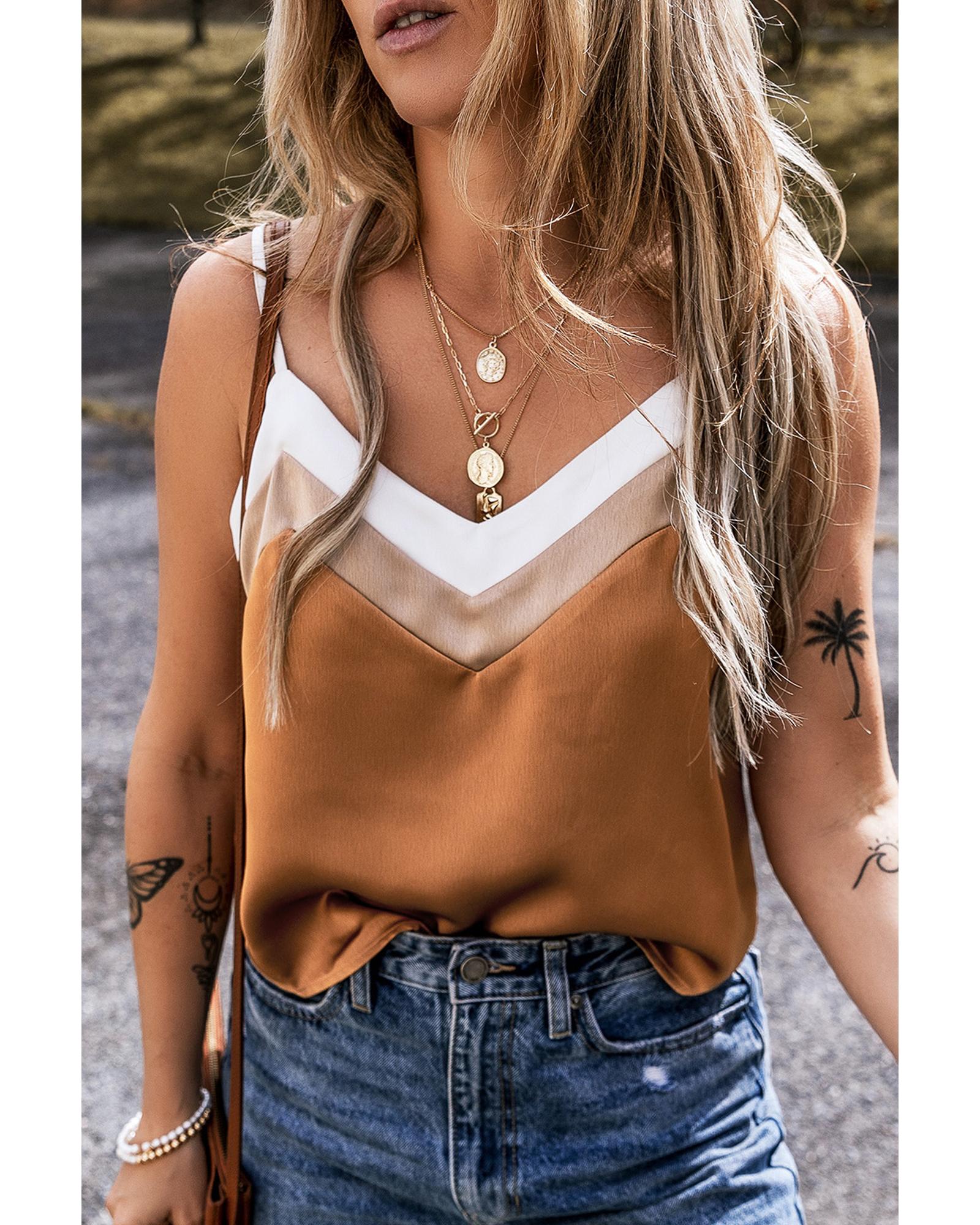 V539-AZEXDC25612505-P1622-XL-202508290105-00 Khaki Chevron Color Block Spaghetti Straps Tank Top - XL - Image 1