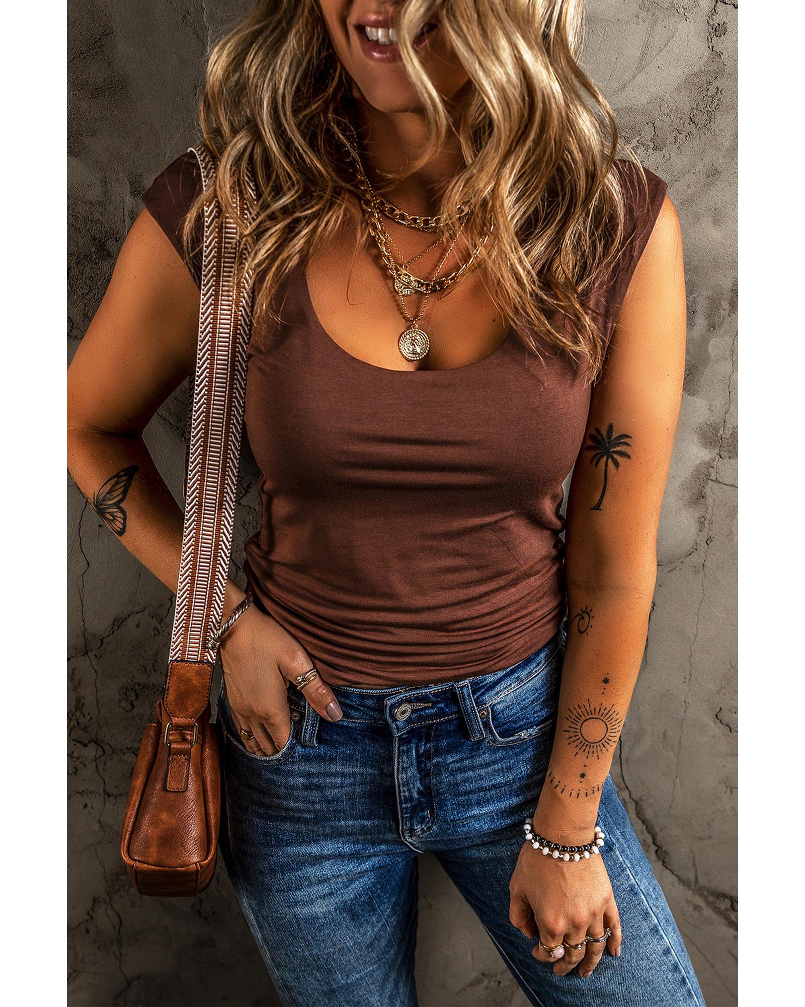 V539-AZEXDC25612517-P1017-XL-202508281440-00 Coffee Solid Color U Neck Slim Fit Tank Top - XL - Image 1