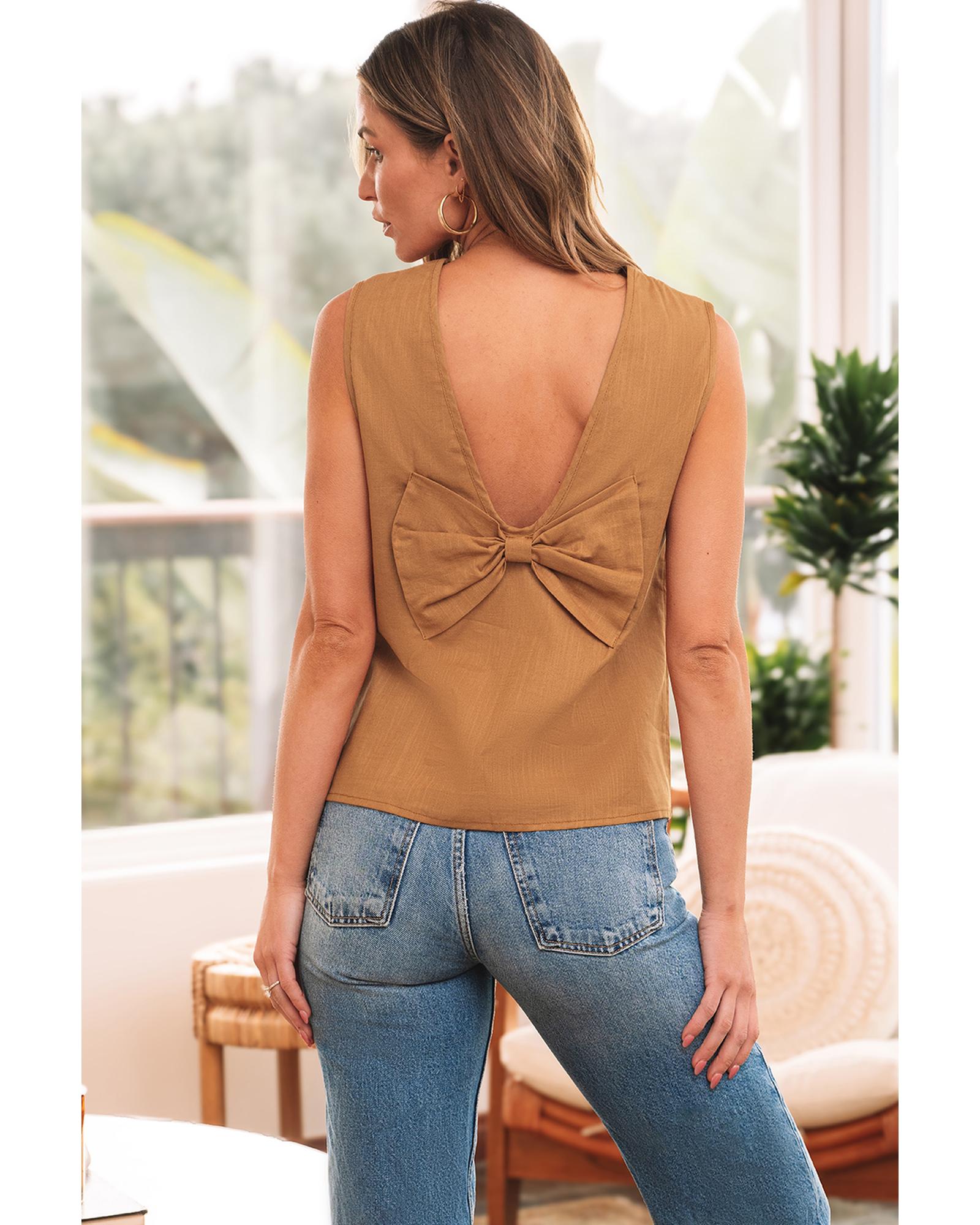 V539-AZEXDC25612523-P8014-M-202508291720-00 Desert Gold Bowknot V Cut Backless Cotton Tank Top - M - Image 1