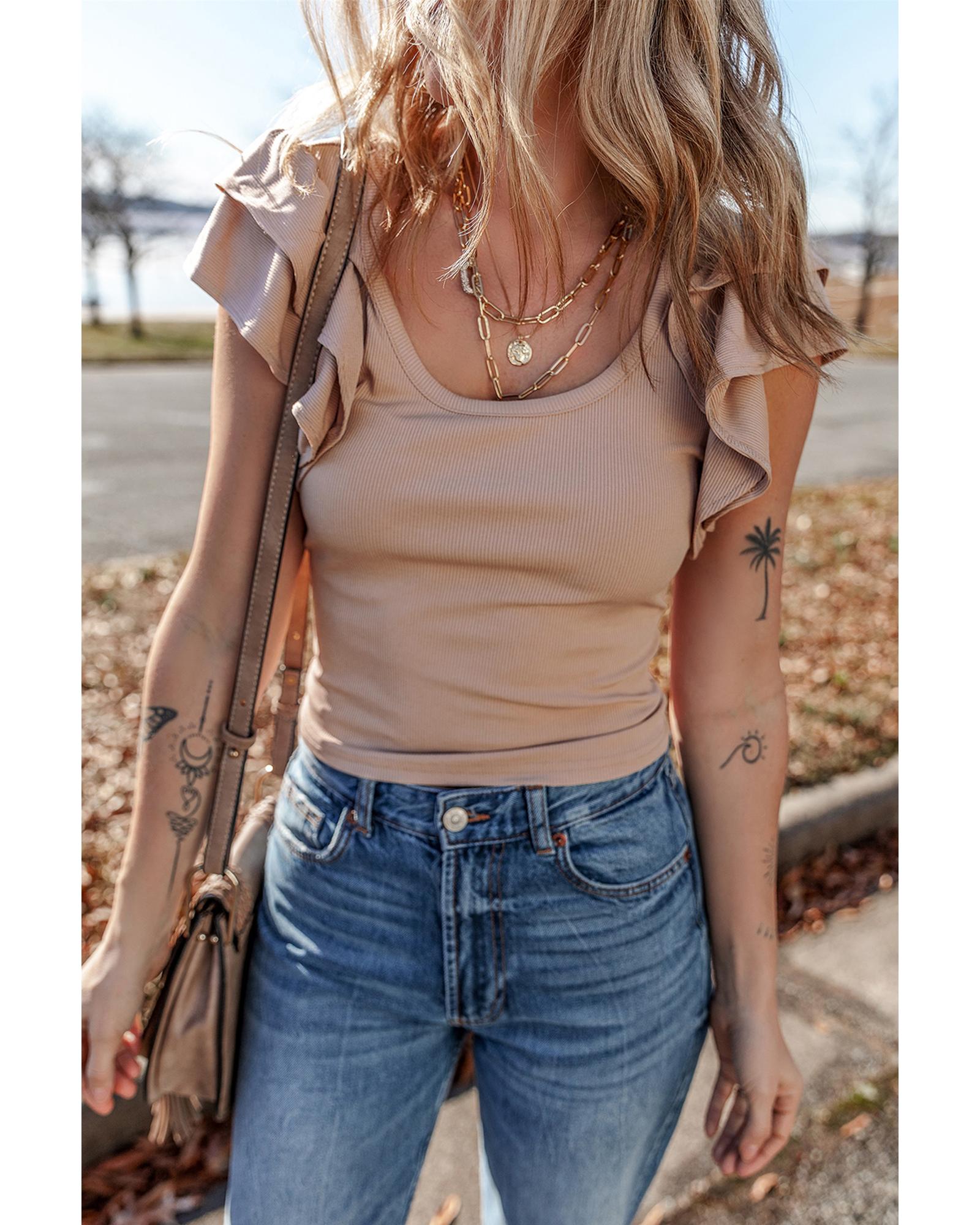 V539-AZEXDC25612547-P7016-XL-202508300210-00 Smoke Gray Ribbed Knit Ruffled Shoulder Slim Fit Tank Top - XL - Image 1