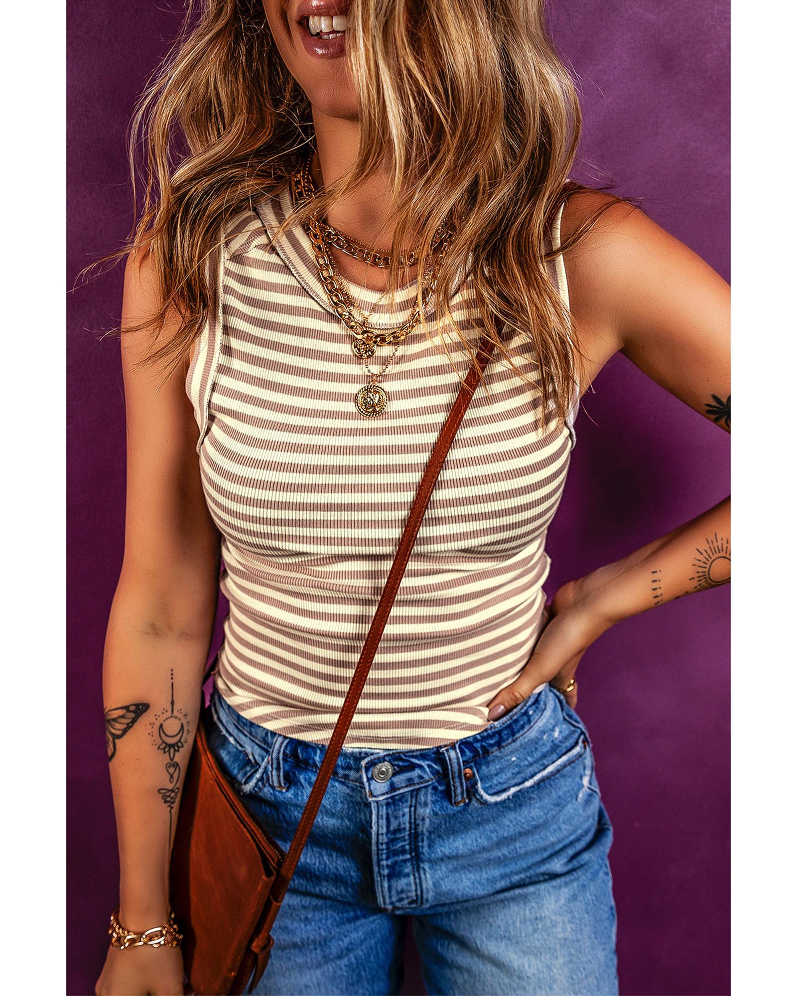 V539-AZEXDC25612714-P1619-L-202508270620-00 Khaki Stripe Exposed Seam Trim Round Neck Sleeveless Top - L - Image 1