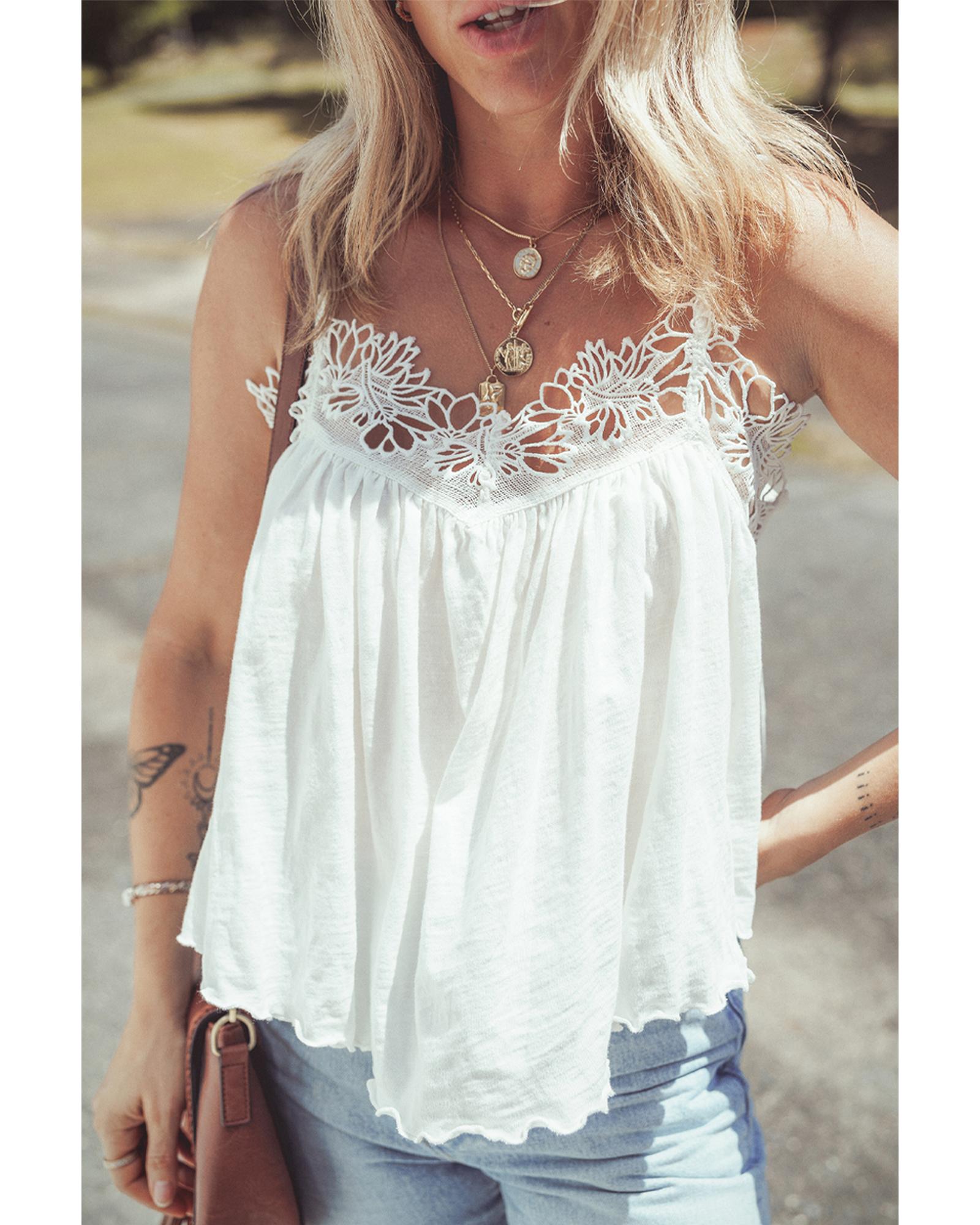 V539-AZEXDC25612834-P1-M-202508271400-00 White Lace Splicing Spaghetti Straps Ruffle Flared Tank Top - M - Image 1