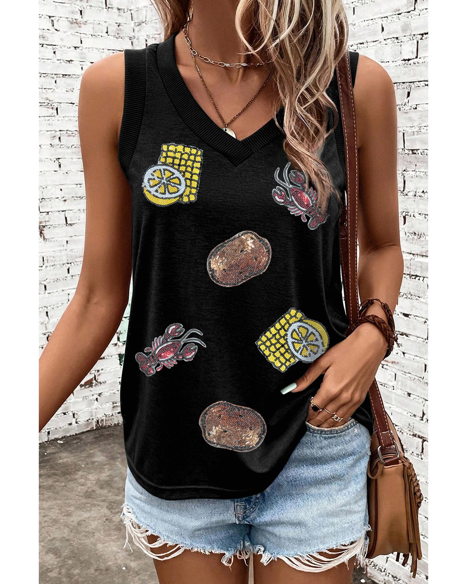 V539-AZEXDC25613451-P2-S-202506131717-00 Black Sequined Crawfish Ribbed V Neckline Tank Top - S - Image 1