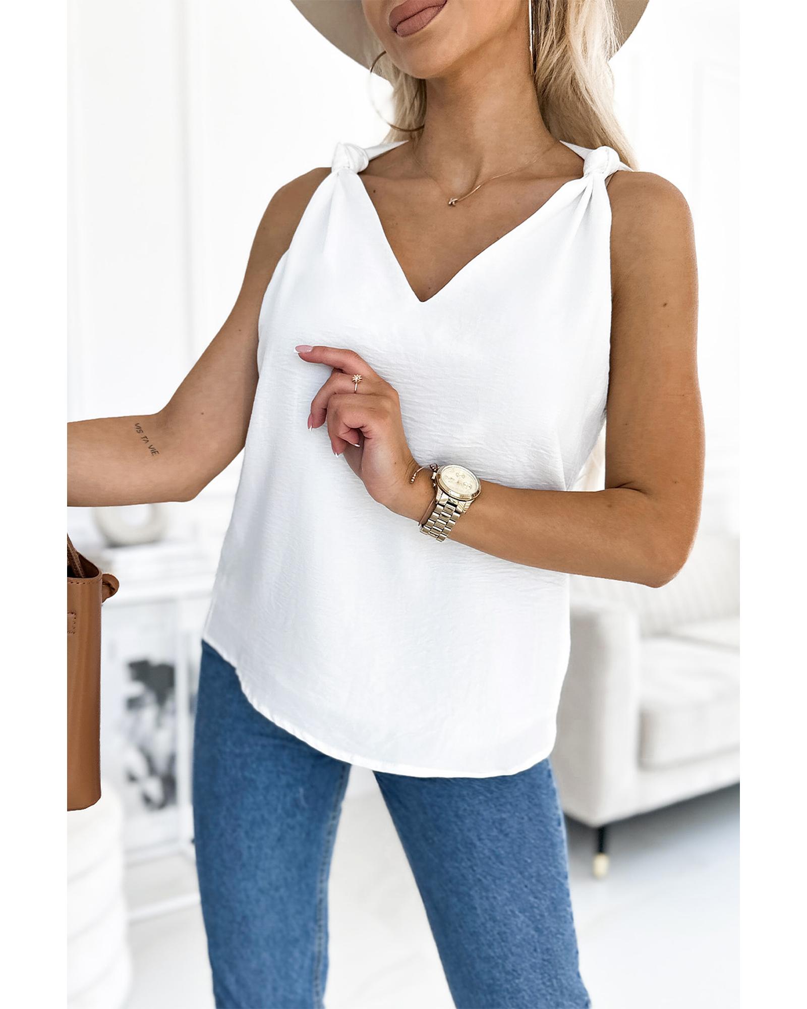 V539-AZEXDC2567750-1-S-202506131336-00 White V Neck Knotted Shoulder Vest - S - Image 1