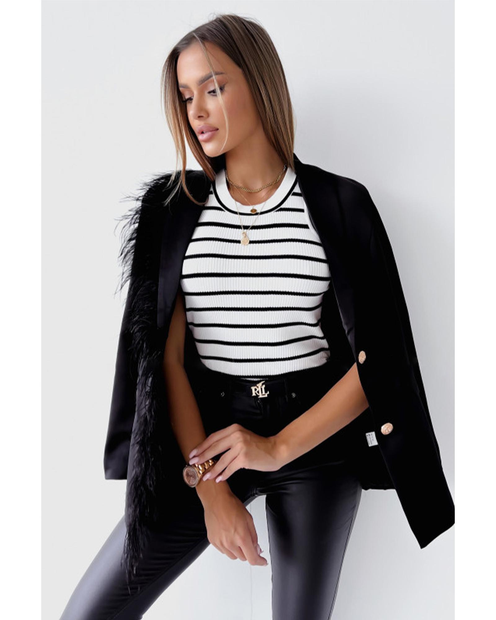 V539-AZEXDC2567757-1-L-202508300600-00 White Striped Print Ribbed O-neck Sleeveless Top - L - Image 1