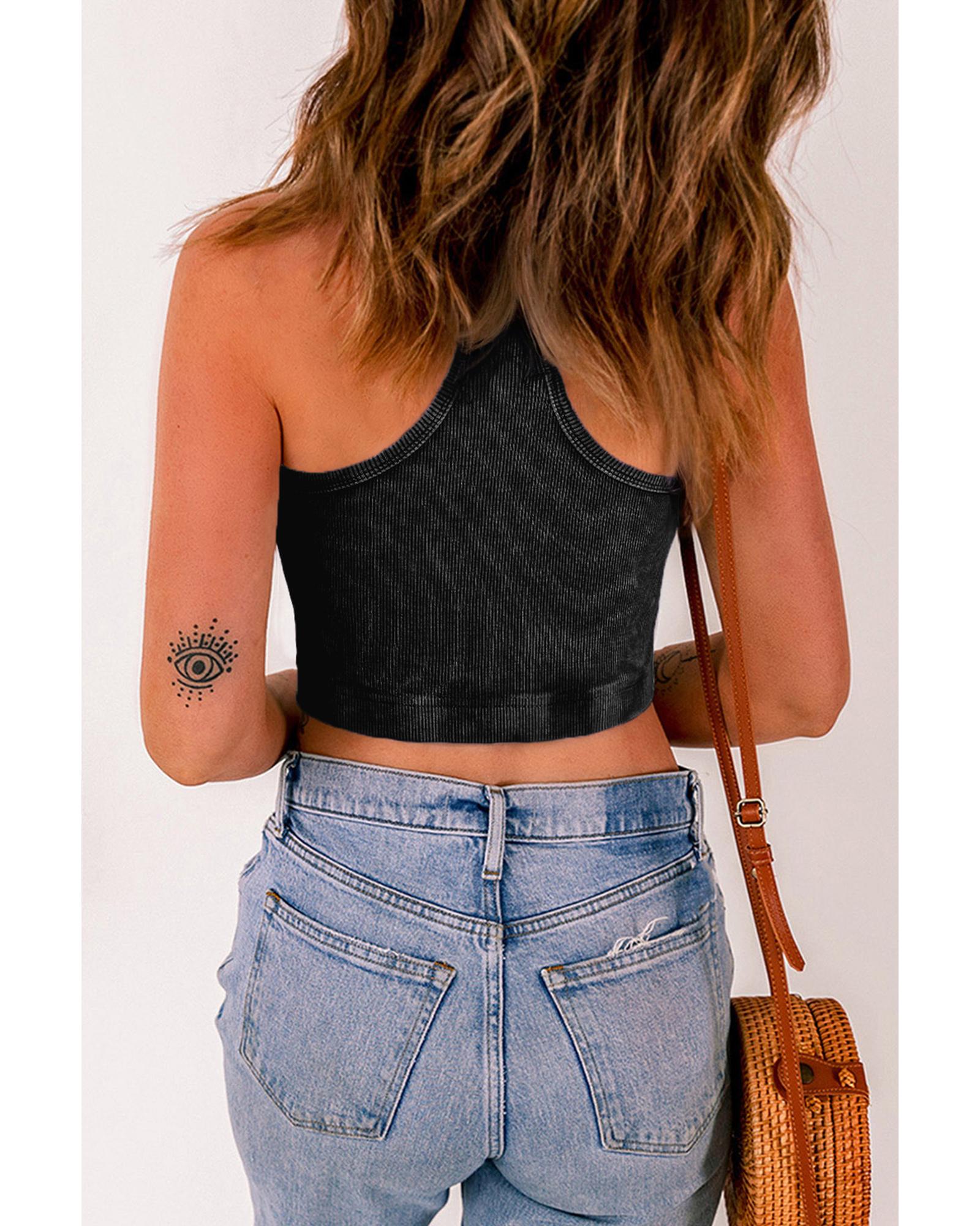 V539-AZEXDC2567773-P2-M-202508290215-00 Black Ribbed Mineral Wash Racerback Cropped Tank Top - M - Image 1