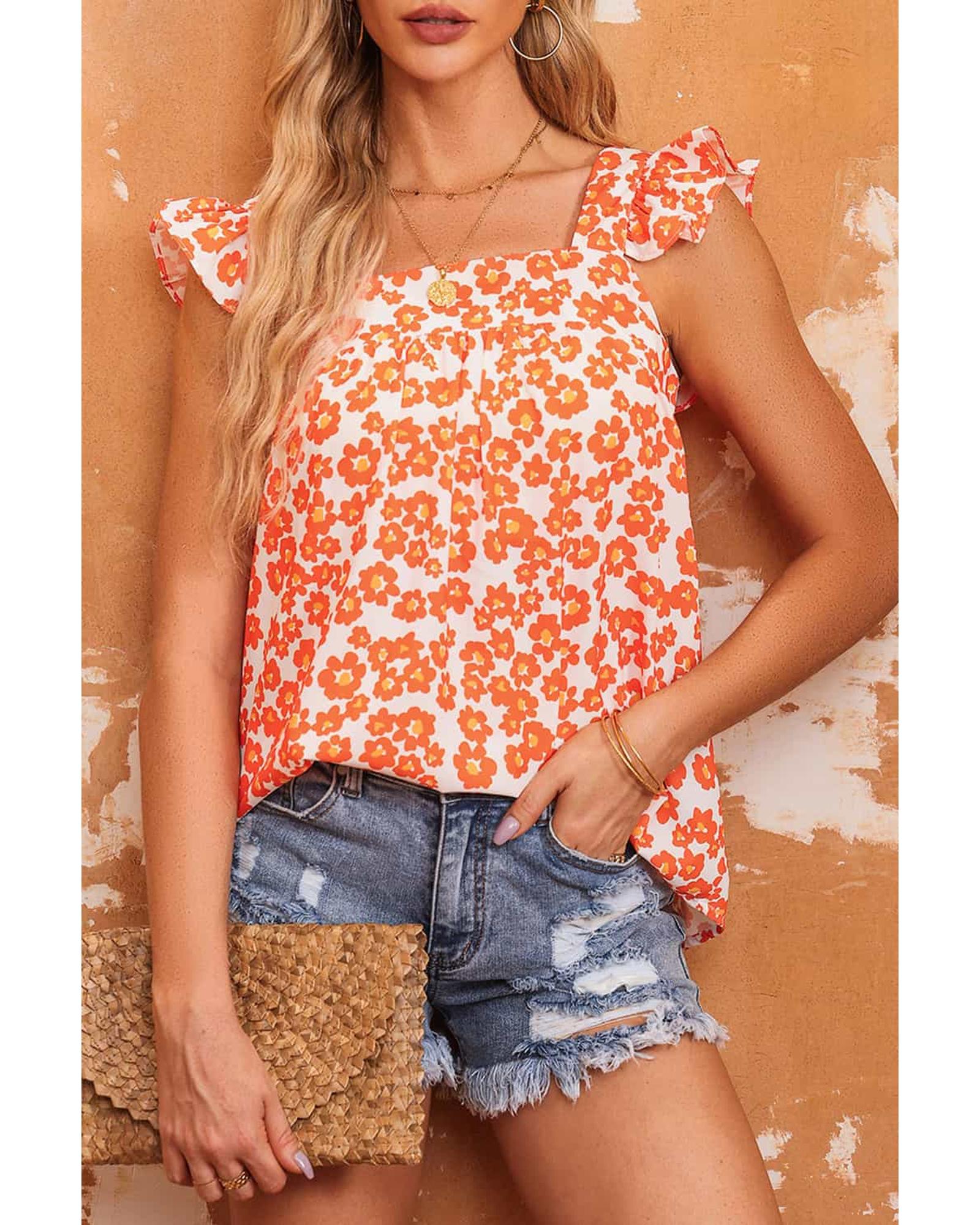 V539-AZEXDC2568789-14-XL-202508282130-00 Azura Exchange Orange Floral Print Square Neck Ruffle Tank Top - XL - Image 1