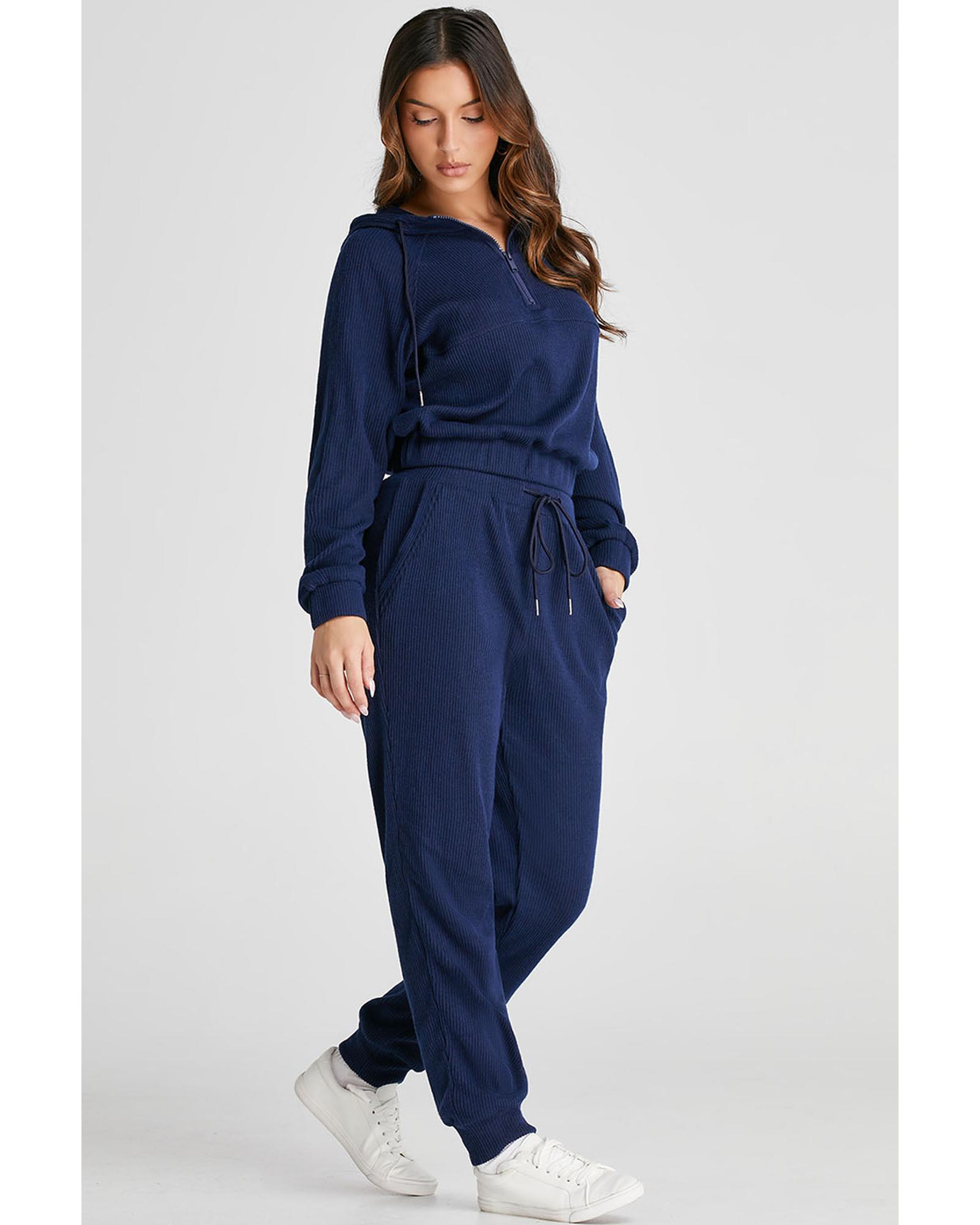 V539-AZEXDC2611646-P605-L-202508281415-00 Navy Blue Ribbed Knit Cropped Hoodie and Drawstring Joggers Set - L - Image 1