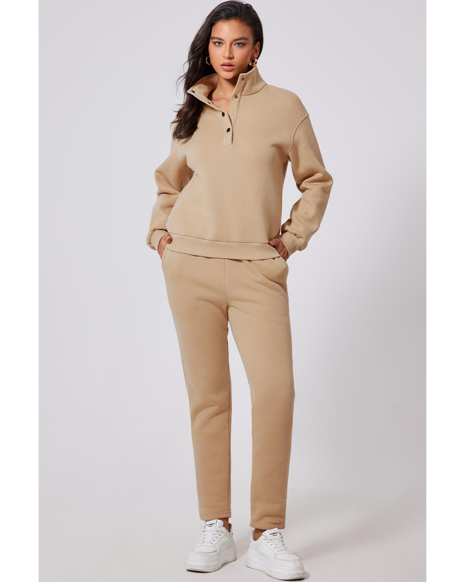 V539-AZEXDC2611667-P6016-S-202506131530-00 Parchment Solid Half Button Sweatshirt and High Waist Sweatpants Set - S - Image 1