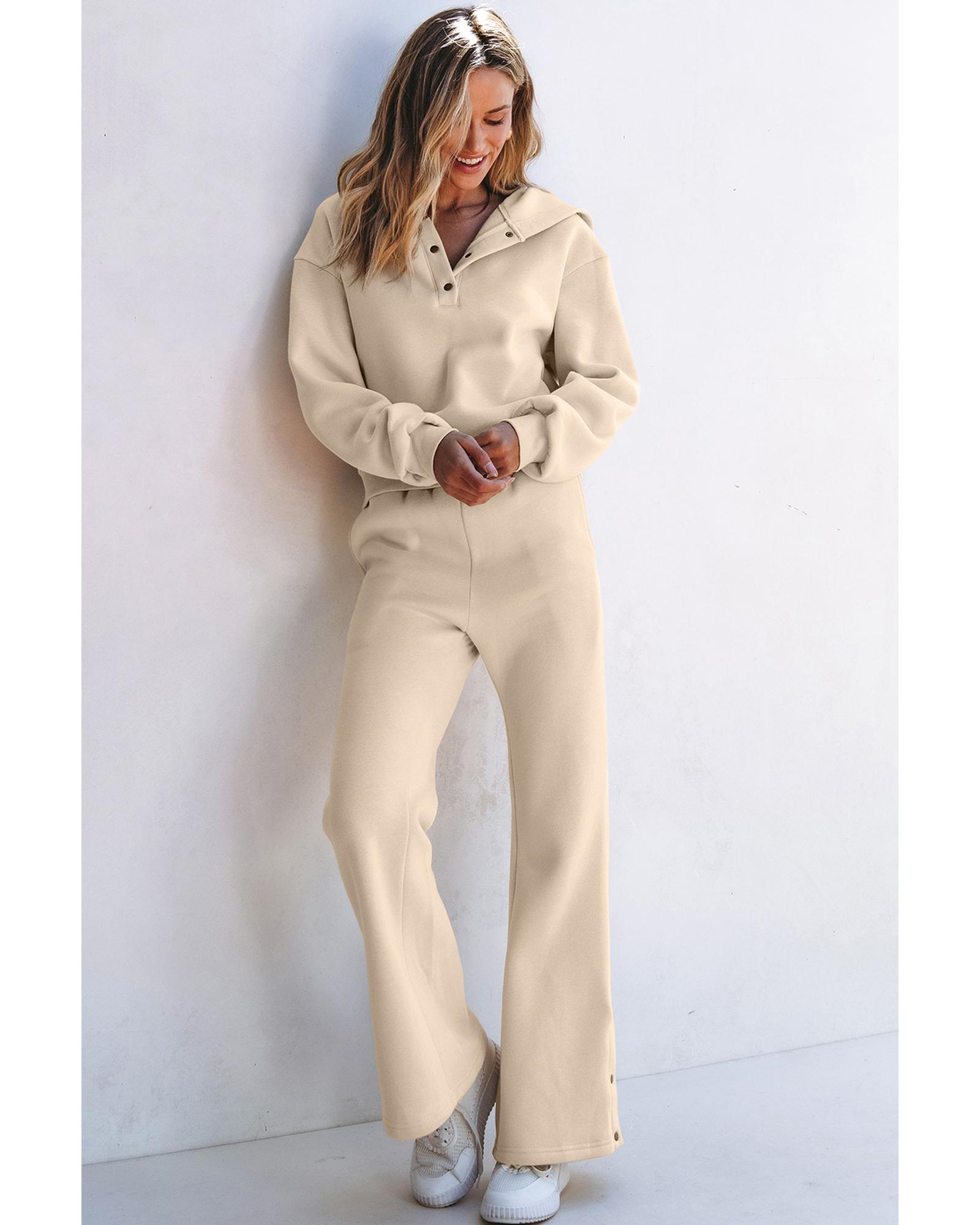 V539-AZEXDC2611693-P6016-XL-202508271900-00 Parchment Solid Color Hoodie and High Waist Pants Two Piece Activewear - XL - Image 1