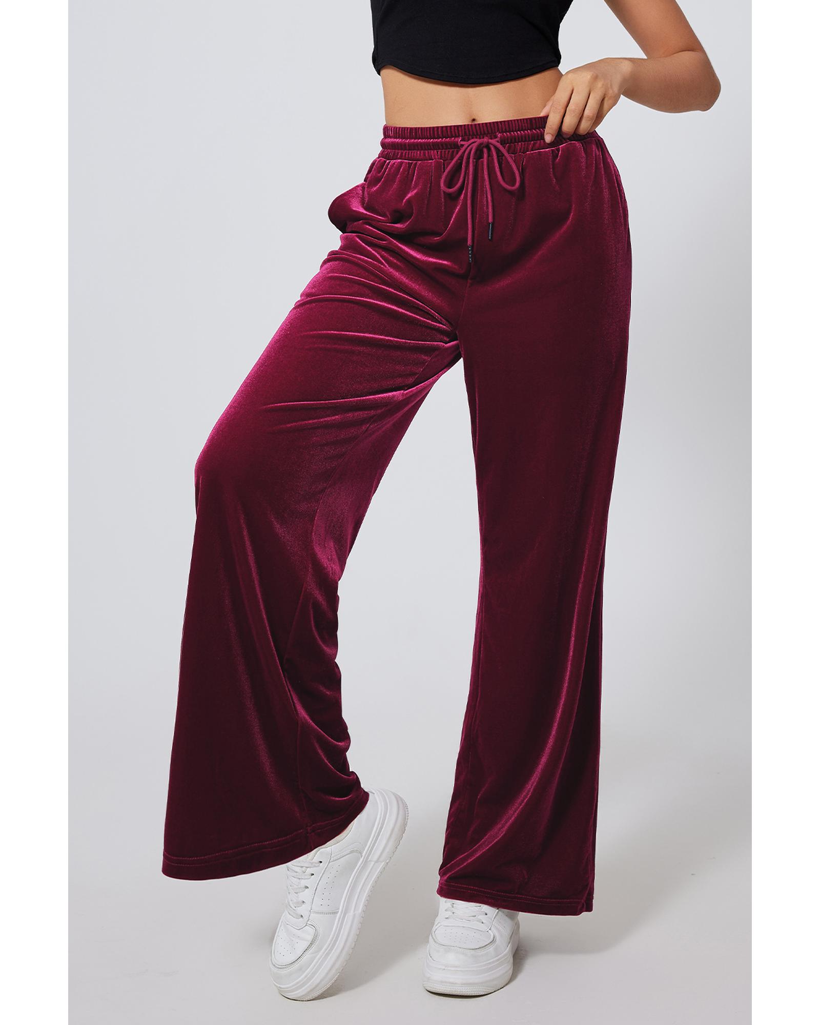 V539-AZEXDC265582-P503-S-202506131631-00 Burgundy Solid Drawstring Waist Wide Leg Pants - S - Image 1