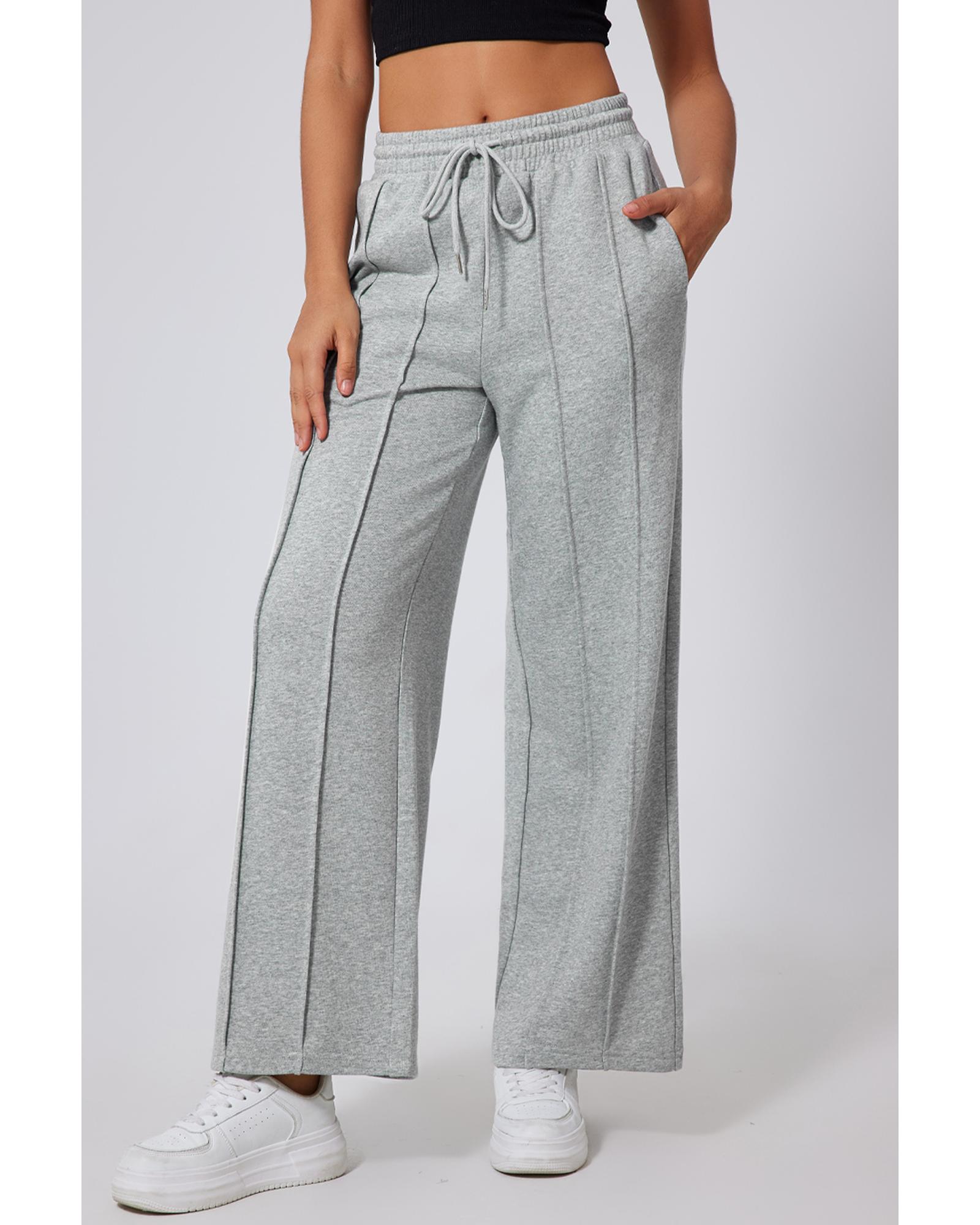 V539-AZEXDC265588-P11-XL-202508280415-00 Gray Seamed Drawstring High Waist Wide Leg Sweatpants - XL - Image 1