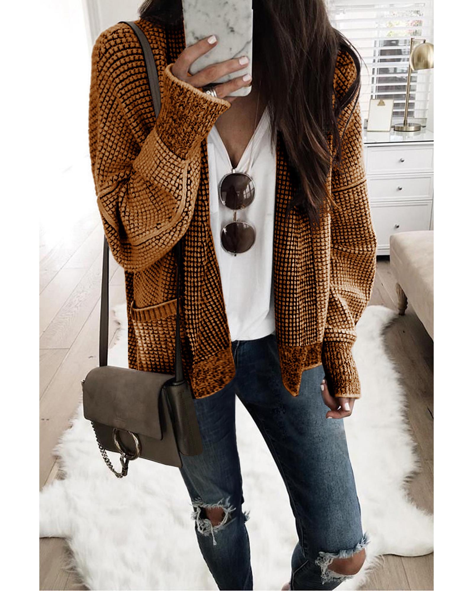 V539-AZEXDC2711120-17-XL-202508280940-00 Brown Chunky Waffle Knit Oversized Collar Cardigan - XL - Image 1