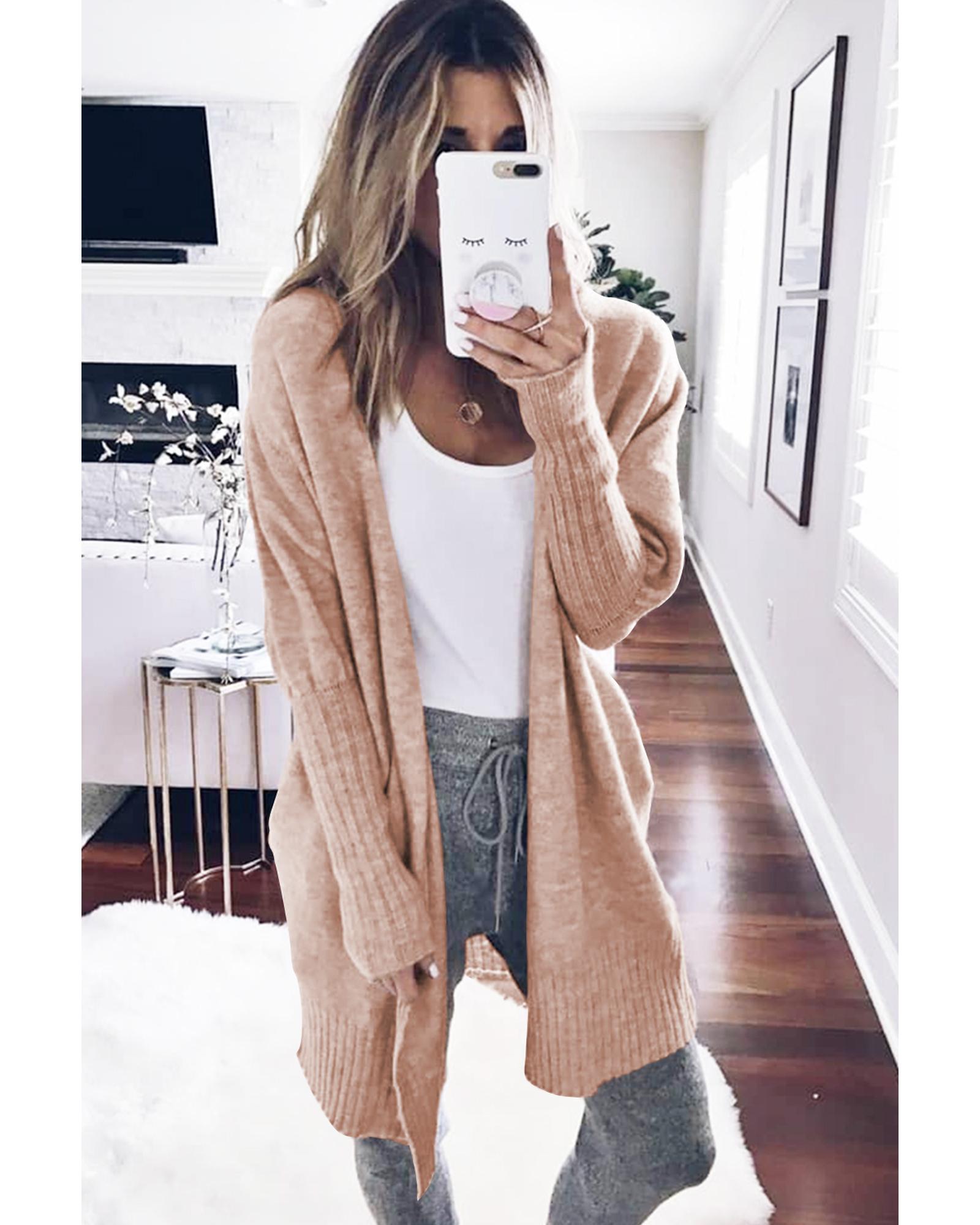 V539-AZEXDC2711326-P7016-XL-202508282215-00 Smoke Gray Ribbed Trim Puff Sleeve Open Cardigan - XL - Image 1