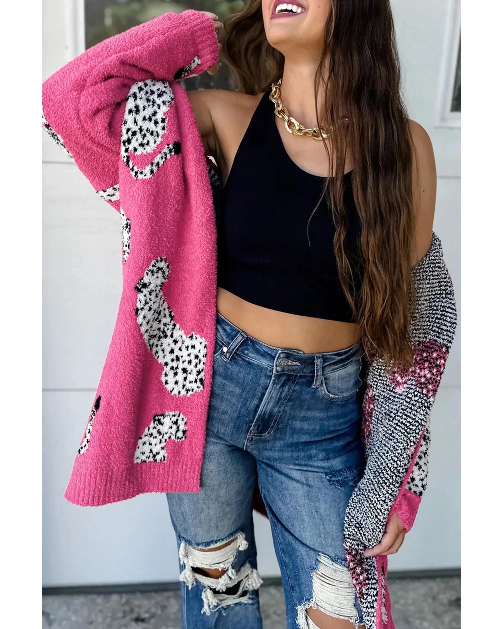 V539-AZEXDC2711330-P6-M-202506131846-00 Azura Exchange Rose Red Cheetah Pattern Open Front Knitted Cardigan - M - Image 1