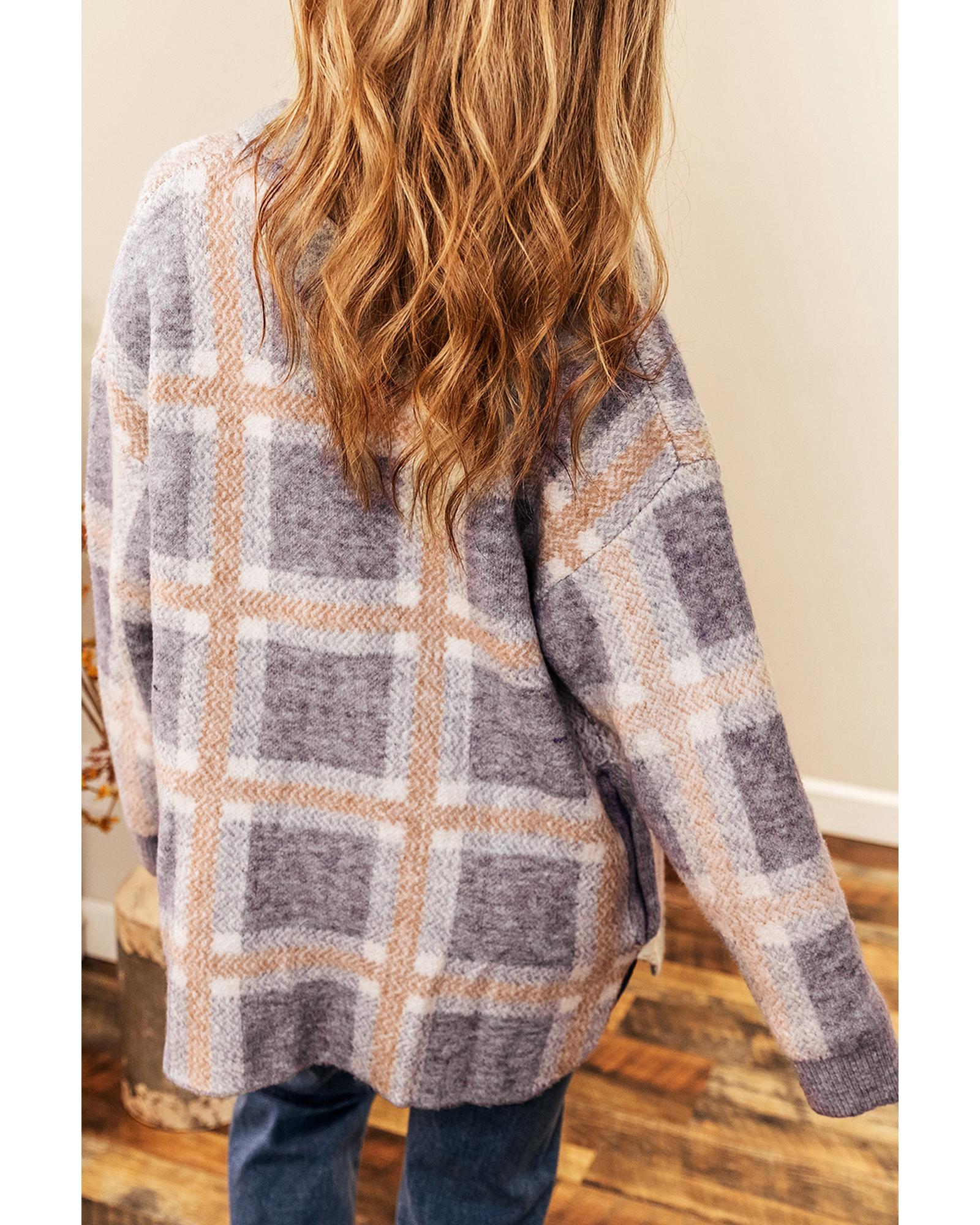 V539-AZEXDC2711397-P304-L-202508300330-00 Sky Blue Fuzzy Plaid Collared Button Up Cardigan - L - Image 1