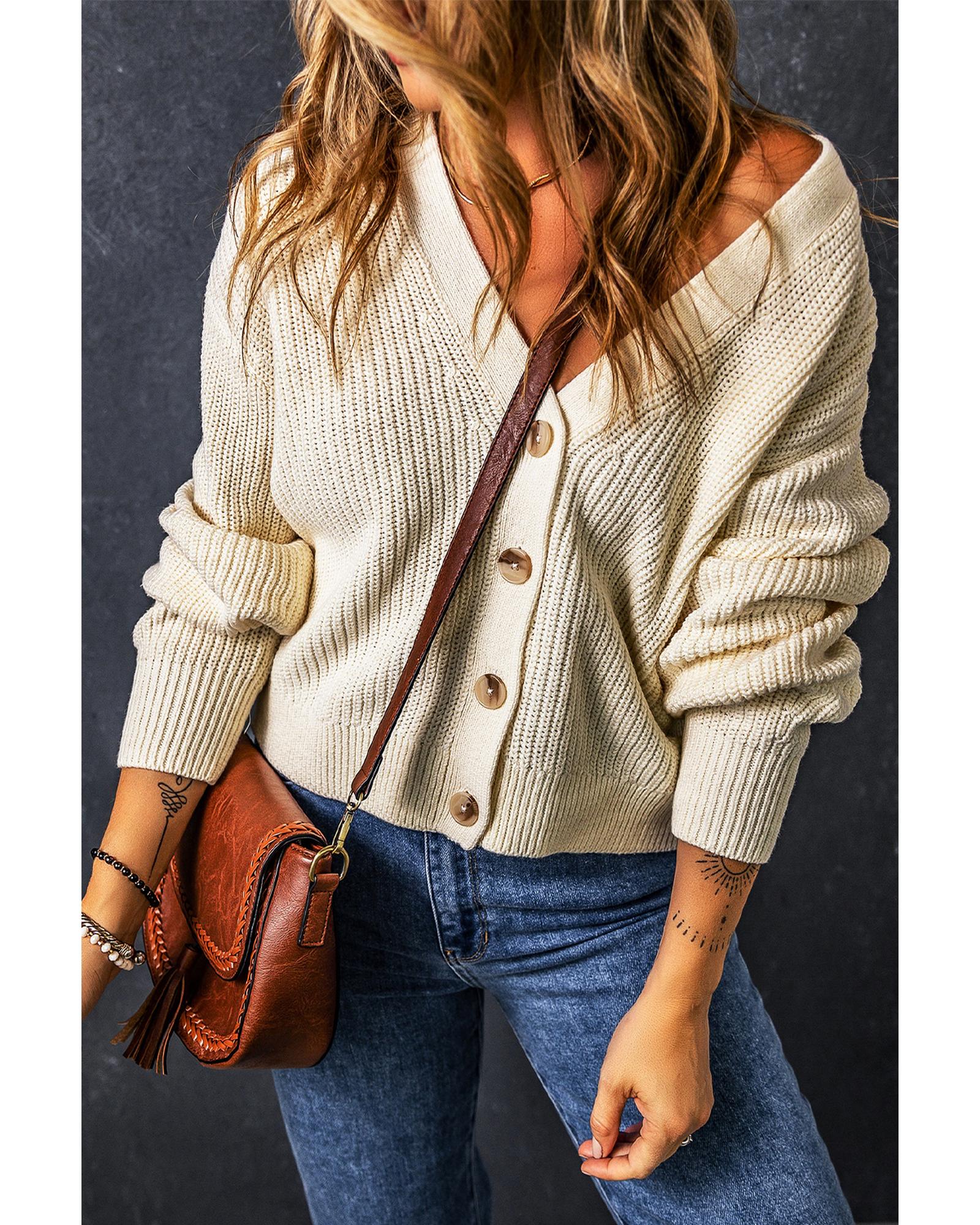 V539-AZEXDC2711399-P15-L-202508280340-00 Beige Plain Knitted Buttoned V Neck Cardigan - L - Image 1