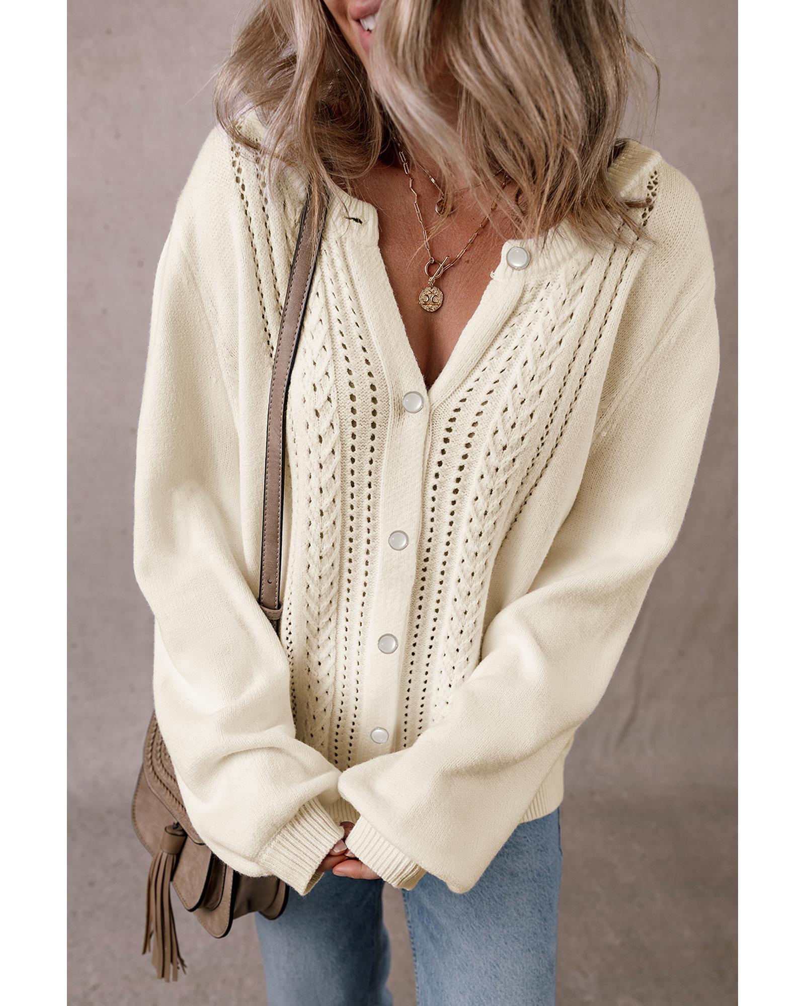 V539-AZEXDC2711476-P18-XL-202508281430-00 Apricot Pleated Sleeve Hollow Detail Button Sweater Cardigan - XL - Image 1
