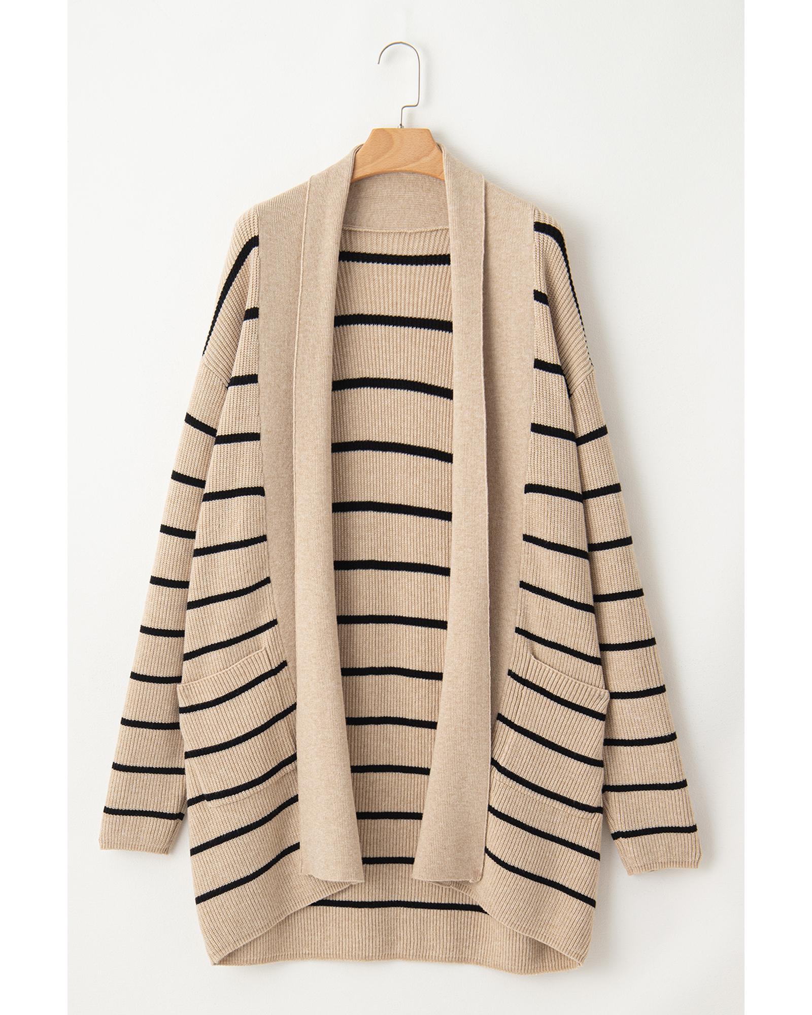 V539-AZEXDC2711497-P219-XL-202508282315-00 Black Stripe Shawl Neckline Open Cardigan with Pockets - XL - Image 1
