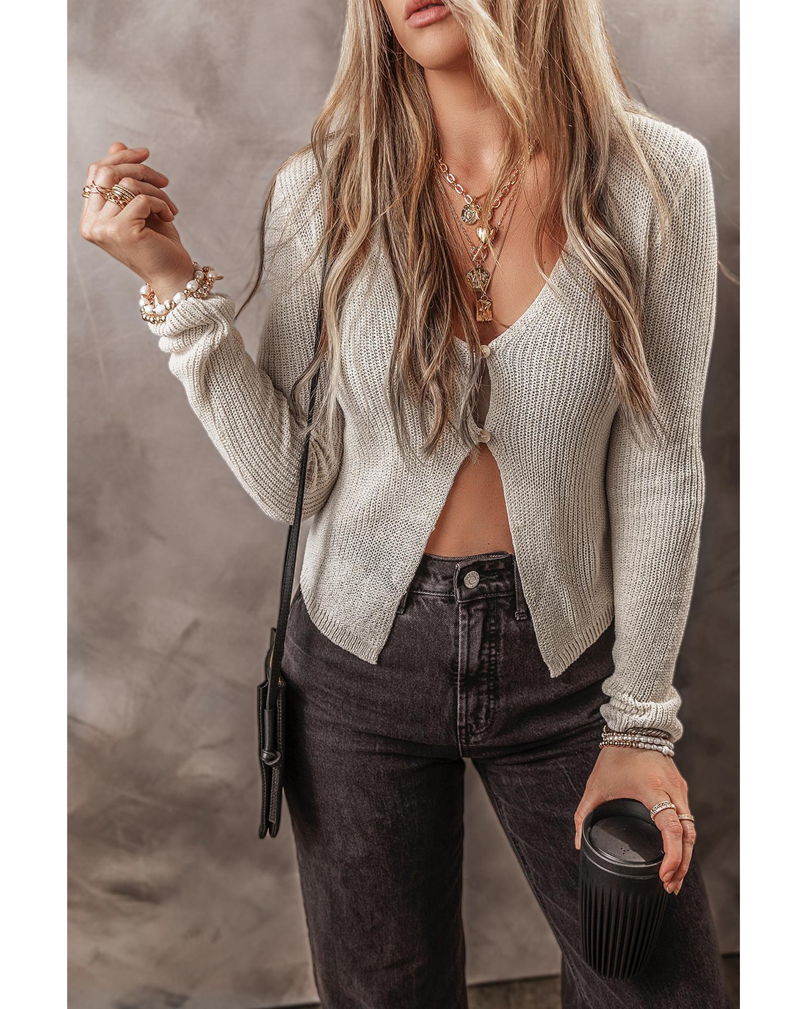 V539-AZEXDC2711582-P6016-L-202506131921-00 Parchment Slim Fit Buttoned V Neck Knit Cardigan - L - Image 1