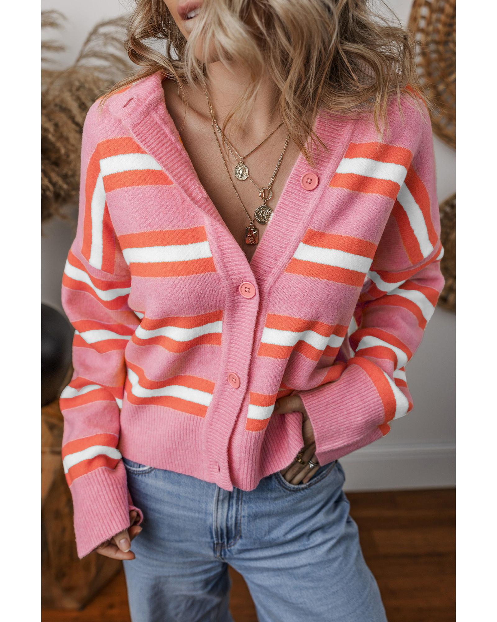 V539-AZEXDC2711679-P1019-2XL-202508282005-00 Pink Stripe Drop Shoulder Buttons Cardigan Sweater - 2XL - Image 1