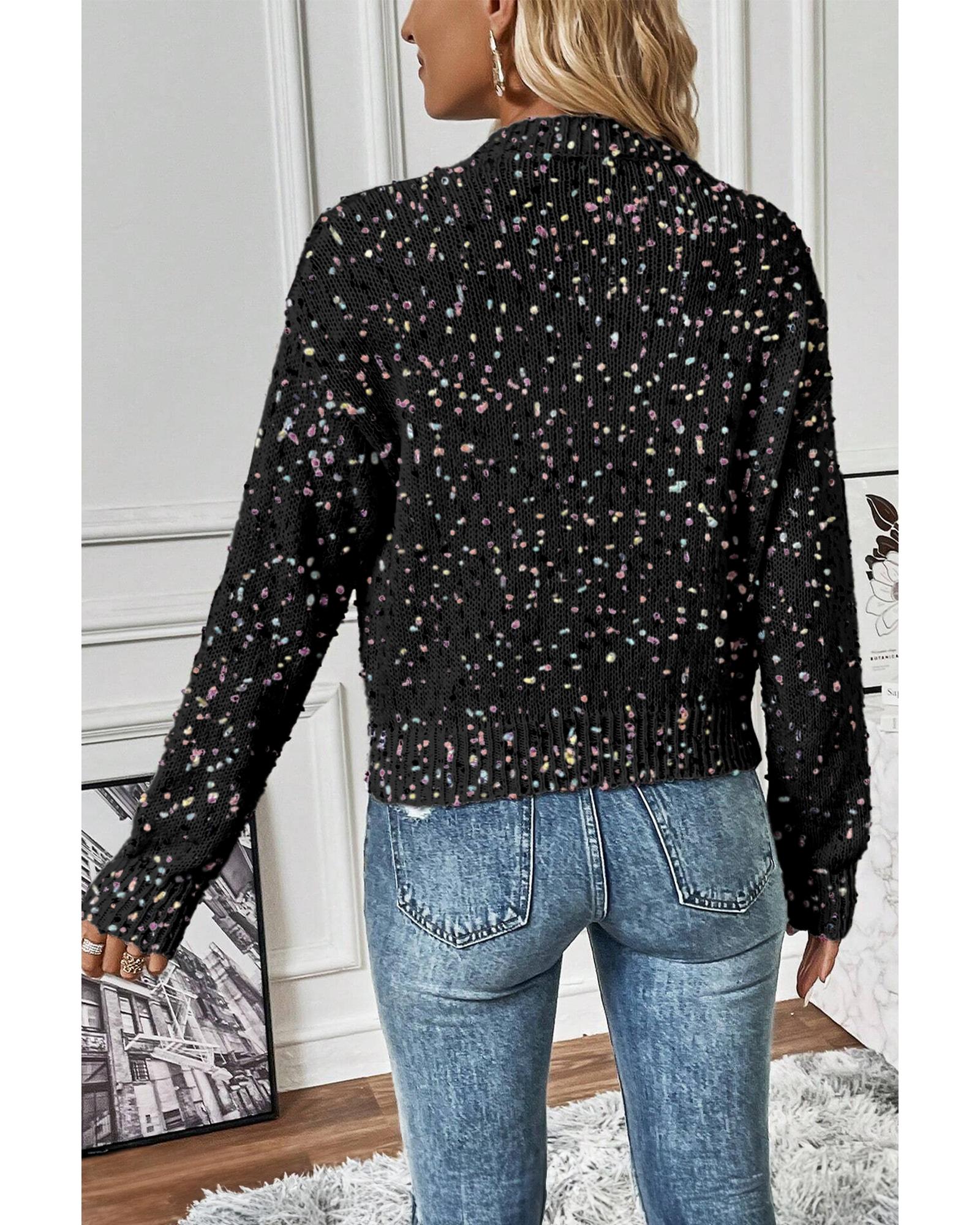 V539-AZEXDC2711711-P2-XL-202508282005-00 Black Rhinestone Decor Multicolor Confetti Sweater Cardigan - XL - Image 1
