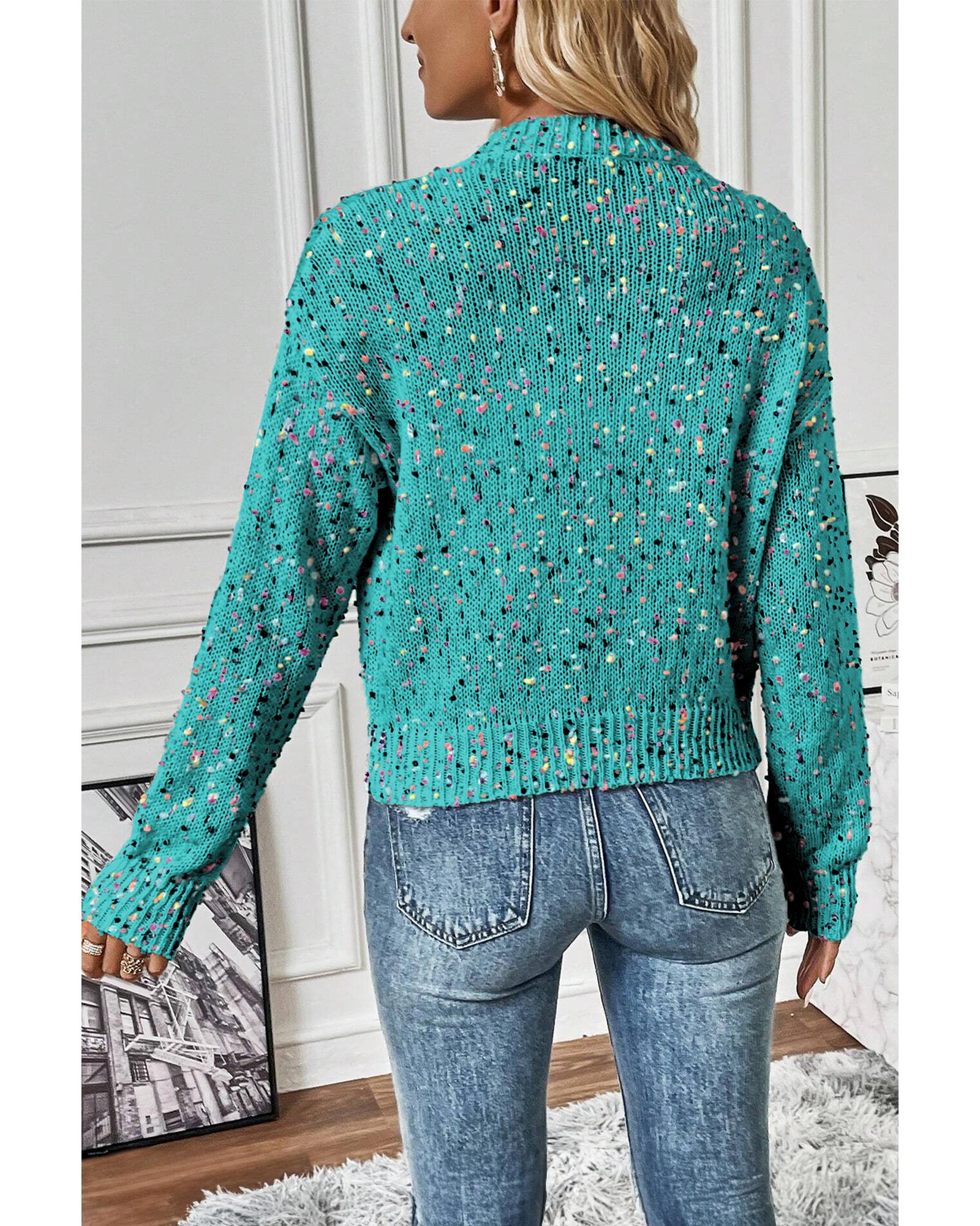 V539-AZEXDC2711711-P504-L-202508282205-00 Aruba Blue Rhinestone Decor Multicolor Confetti Sweater Cardigan - L - Image 1