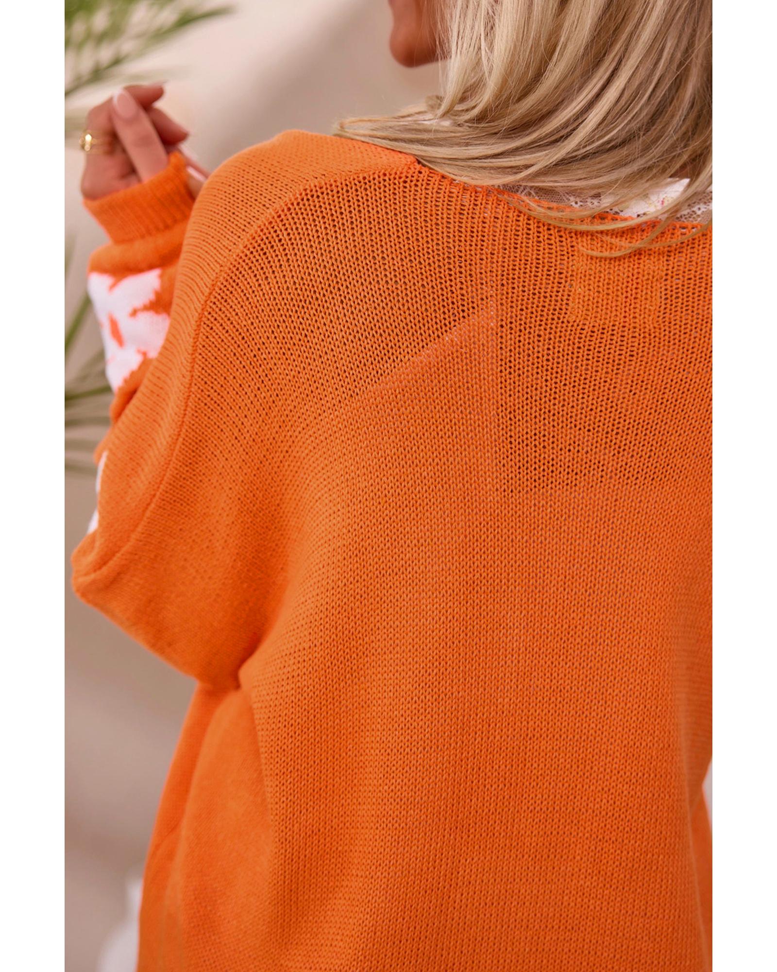 V539-AZEXDC2711718-P14-S-202506132037-00 Orange Floral Print Knitted Open Front Loose Cardigan - S - Image 1