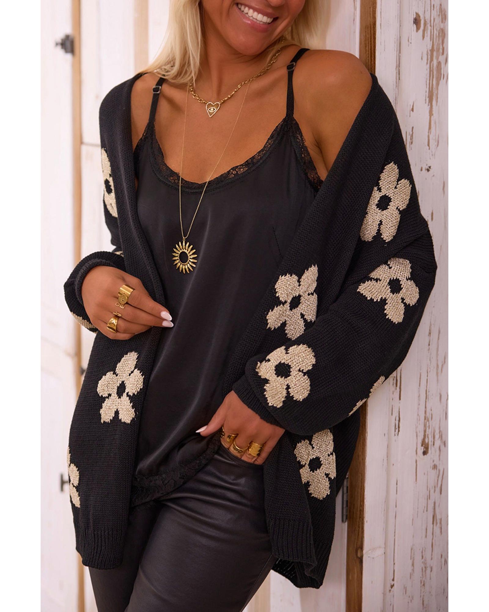 V539-AZEXDC2711718-P2-S-202506132040-00 Black Floral Print Knitted Open Front Loose Cardigan - S - Image 1