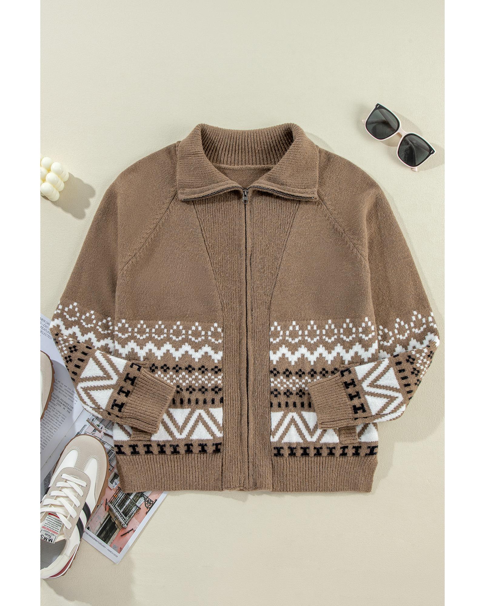 V539-AZEXDC2711750-P1720-S-202506132105-00 Brown Western Printed Ribbed Trim Collared Zip up Cardigan - S - Image 1