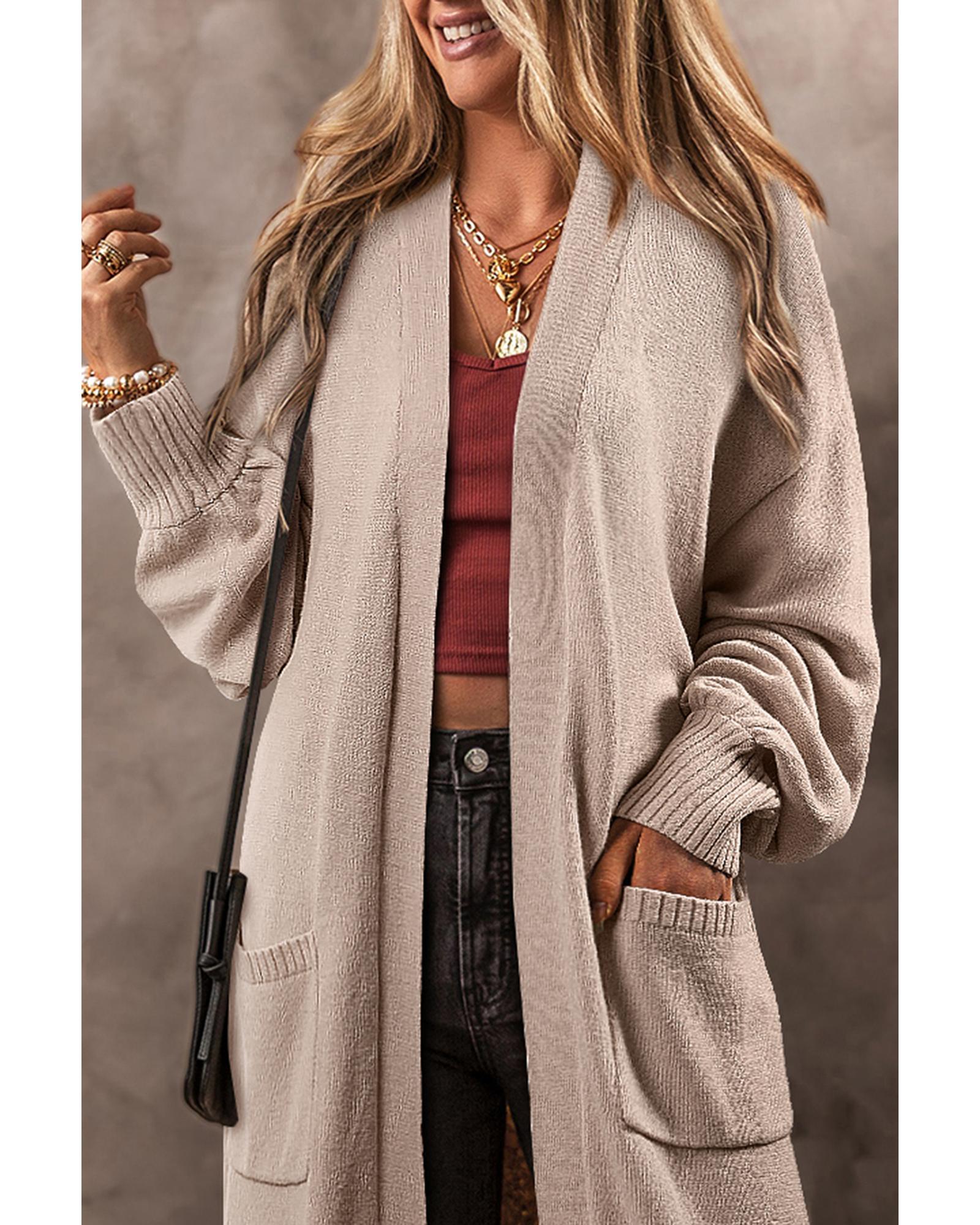 V539-AZEXDC2711765-P15-L-202508290245-00 Beige Side Pockets Open Front Long Knitted Cardigan - L - Image 1