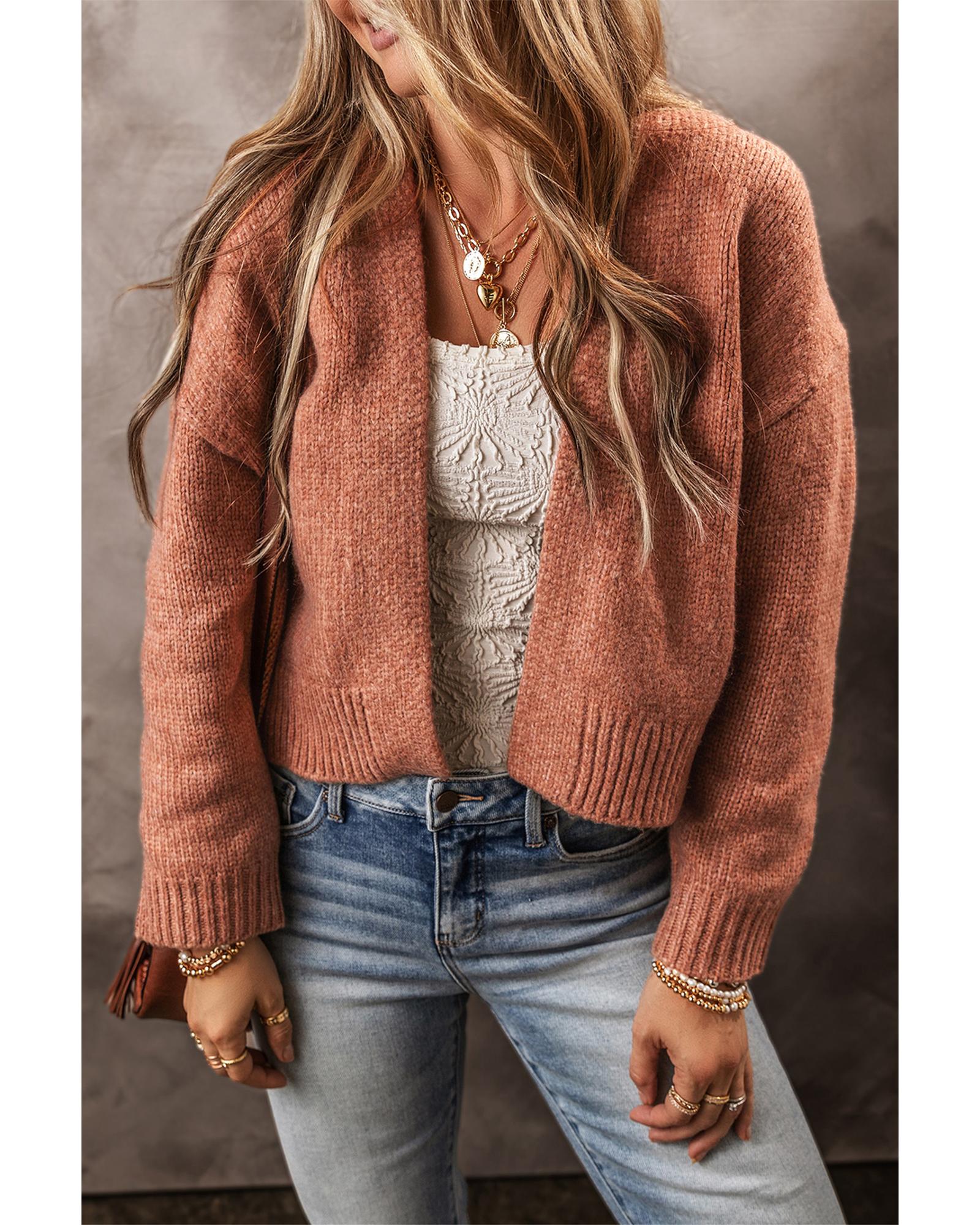 V539-AZEXDC2711767-P4016-S-202506132110-00 Light French Beige Drop Shoulder Open Front Cropped Cardigan - S - Image 1