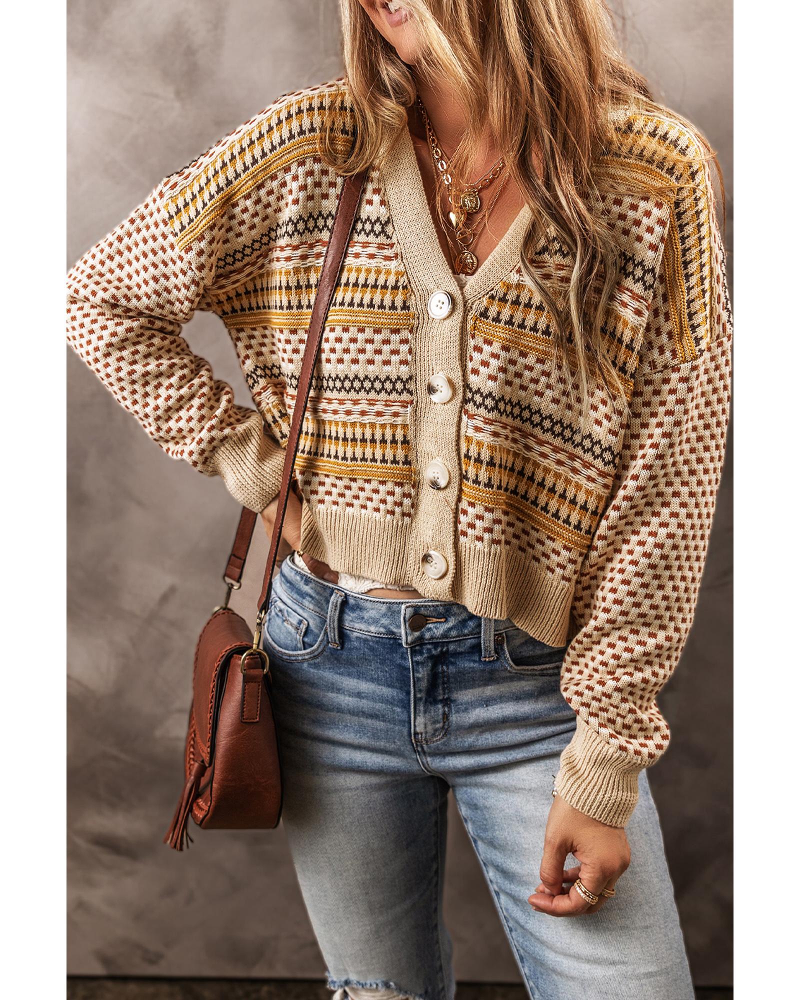 V539-AZEXDC2711770-P1622-2XL-202508291735-00 Khaki Buttoned V Neck Cropped Cardigan - 2XL - Image 1